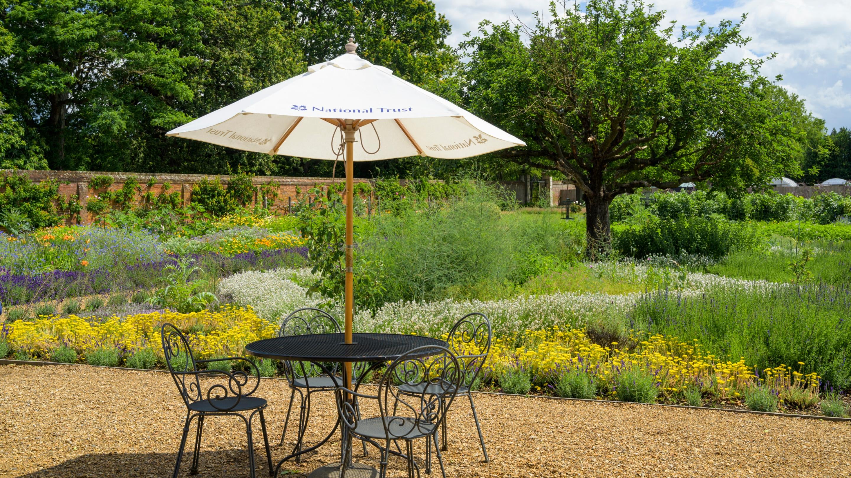 Outside the Orangery Café with a table, parasol and chairs in the foreground with the Kitchen Garden in the background, full of vibrant flowers at Ham House and Garden, London