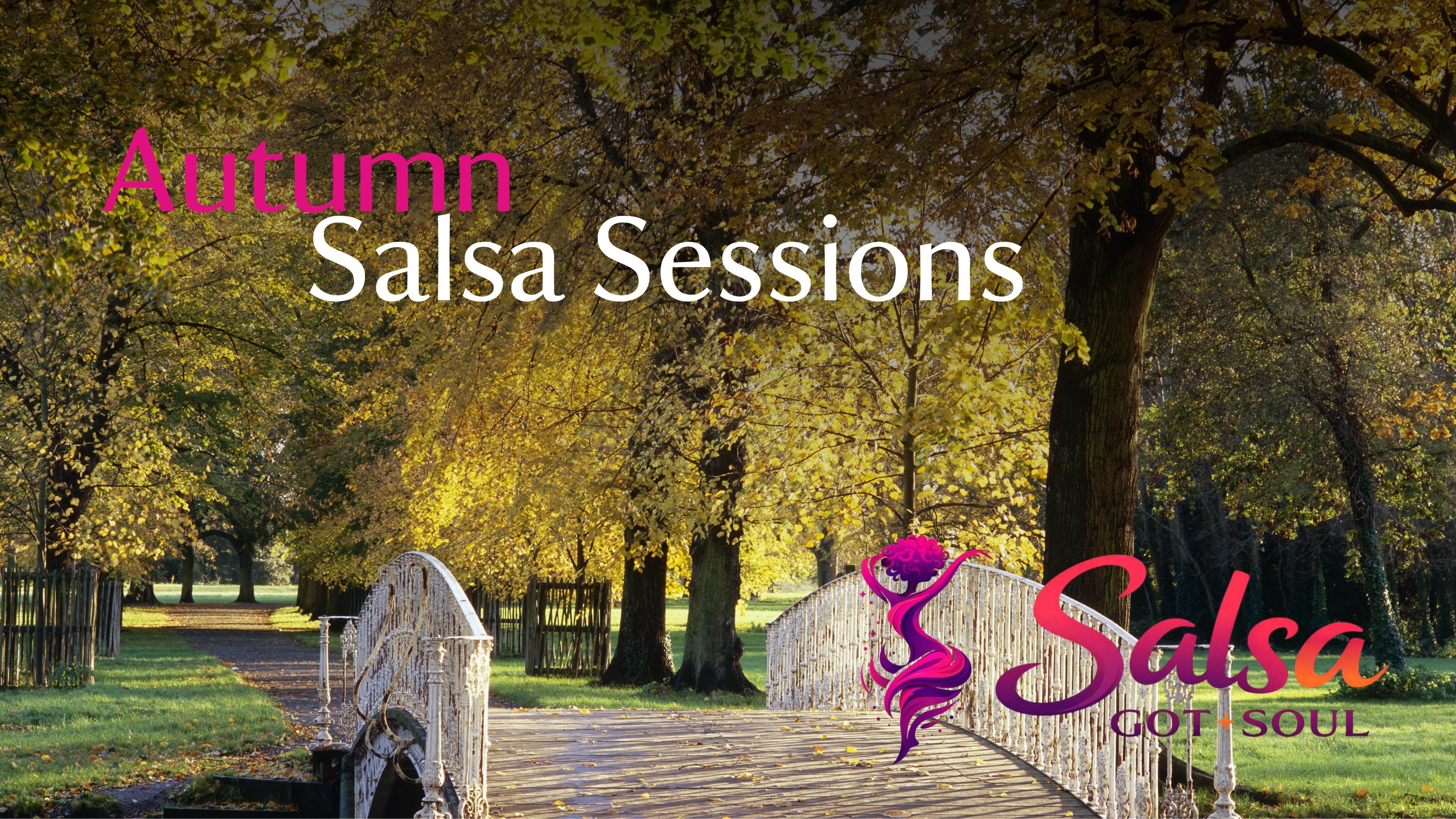 A photography of the white bridge at Morden Hall Park in autumn looking down an avenue of trees with golden leaves. There is text over the top that says Autumn Salsa Sessions and a logo Salsa Got Soul in the bottom right hand corner.