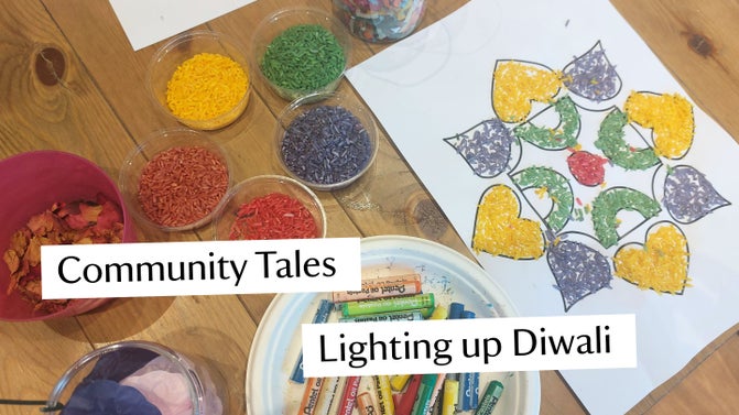 A photography of brightly colours glitters and crayons use to create illustration for Divali