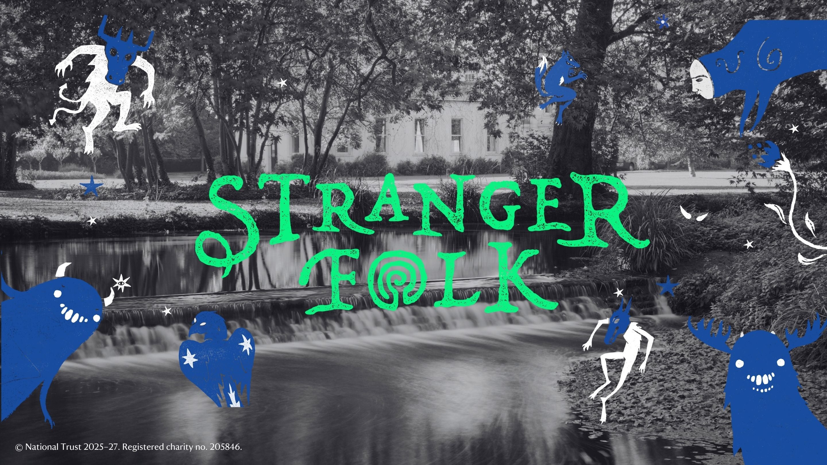 A black and white photograph of the River Wandle at Morden Hall Park with graphic text over the top saying Stranger Folk at Morden Hall Park