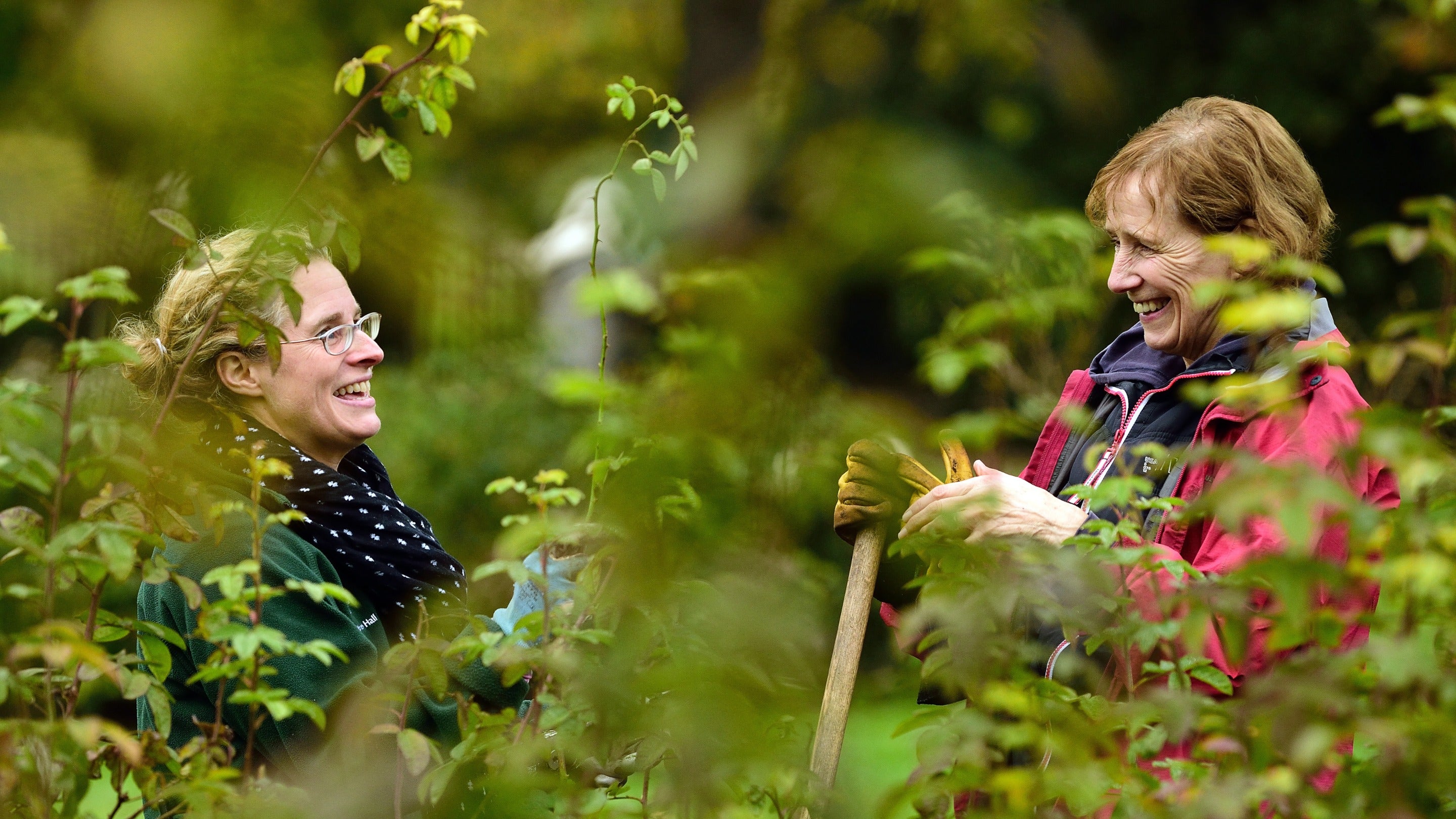 A gardener and a volunteer smiling and chatting in the garden at Morden Hall Park, London.