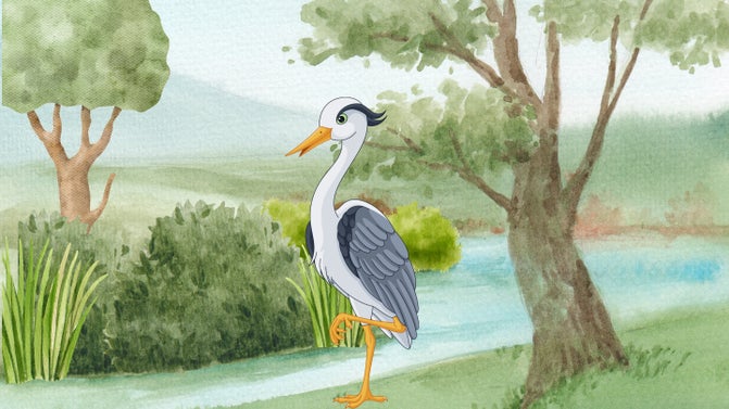 A graphic of a heron standing by a river and tree. The background has a water colour effect.