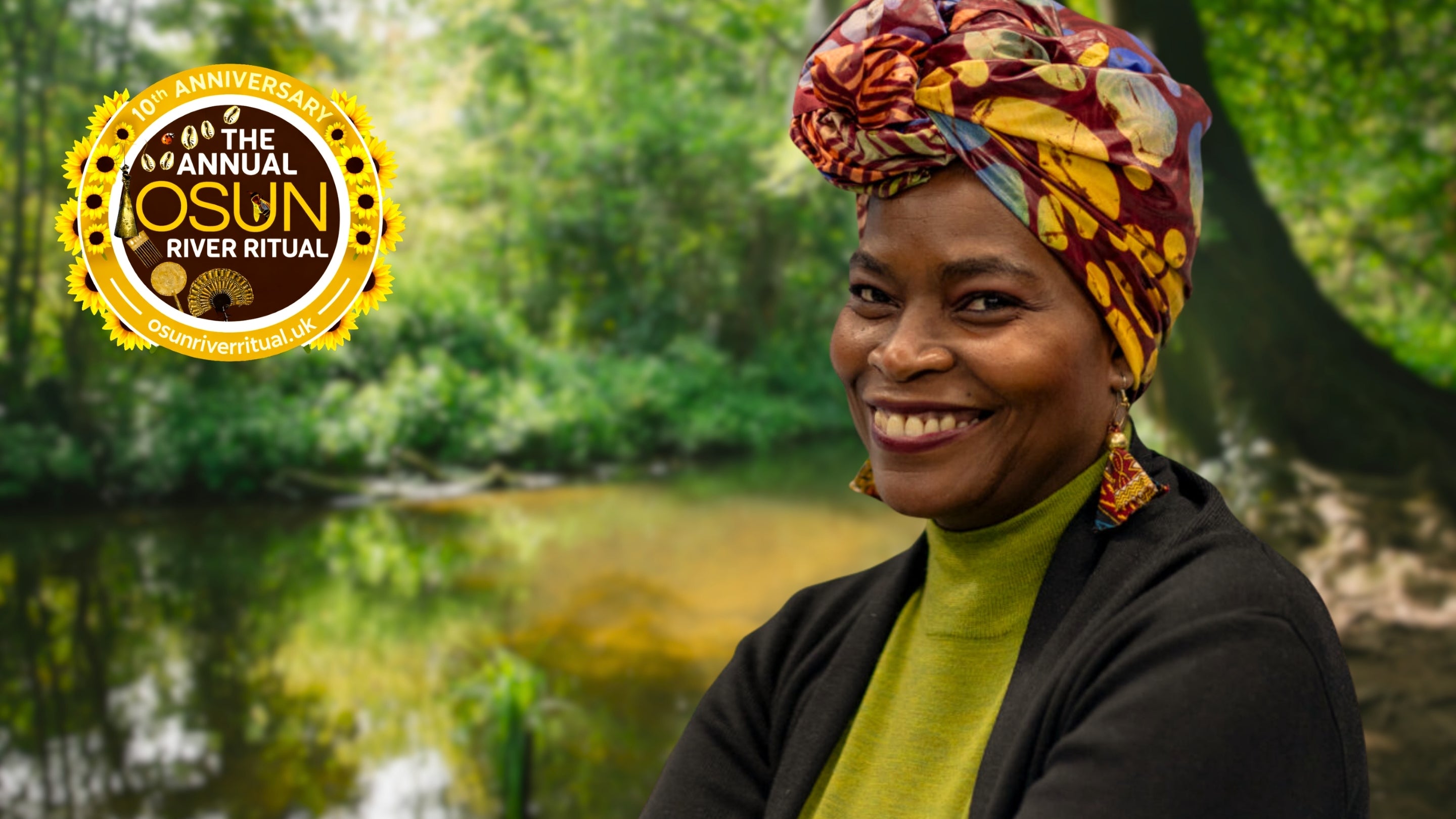 A photography of Dr Michelle Asantewa, super-imposed onto a background of the River Wandle with trees on the banks. There is a logo in the top left corner for the Annual Osun River Ritual