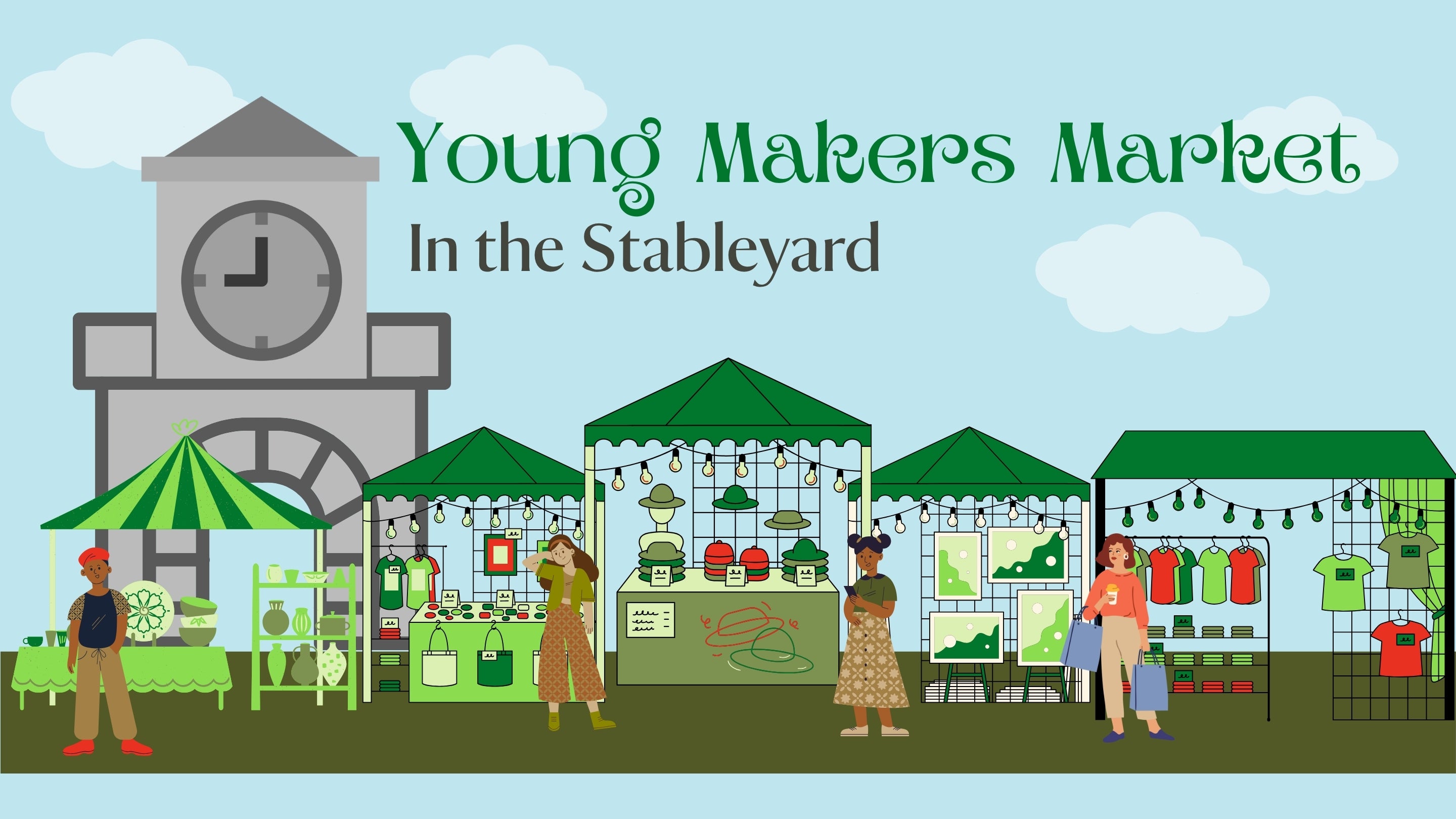 A graphic illustration of market stall holders with a clock tower representing the one in the Stableyard at Morden Hall Park in the background. The text 'Young Maker's Market in the Stableyard is written across the top.