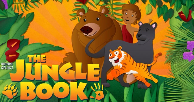 Graphic illustration of a jungle scene with a bear, panther, tiger and young boy. Text says 'Rudyard Kipling's The Jungle Book'.