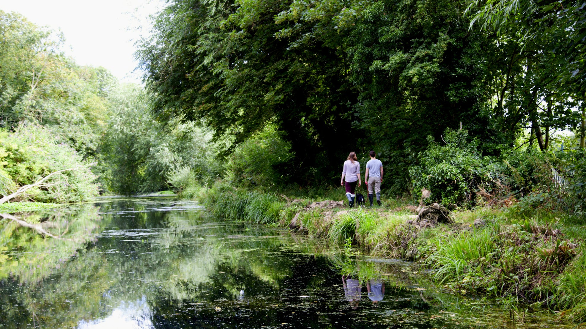 A couple and their dog walk along a tree lined riverside path in Watermeads