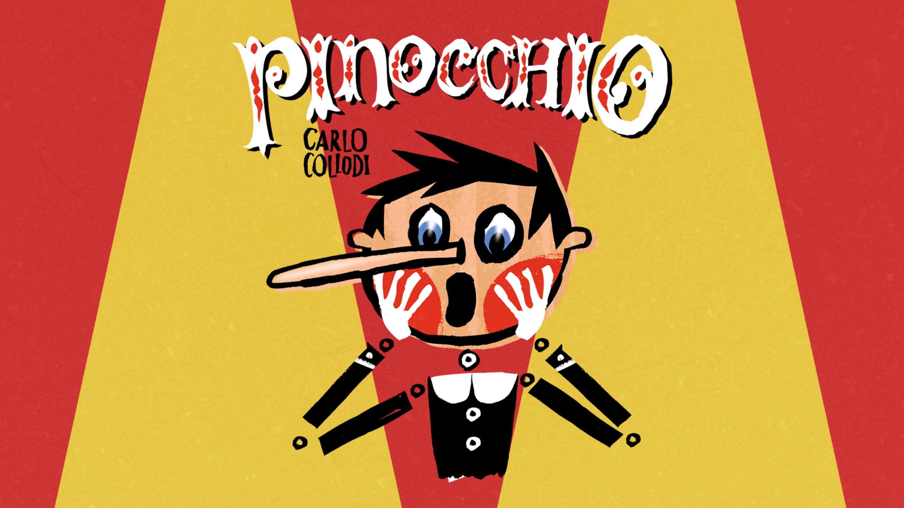 A graphic illustration of a Pinocchio with a long noise on a bright red and yellow striped background.