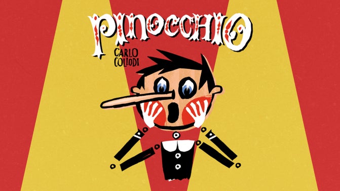 A graphic illustration of a Pinocchio with a long noise on a bright red and yellow striped background.