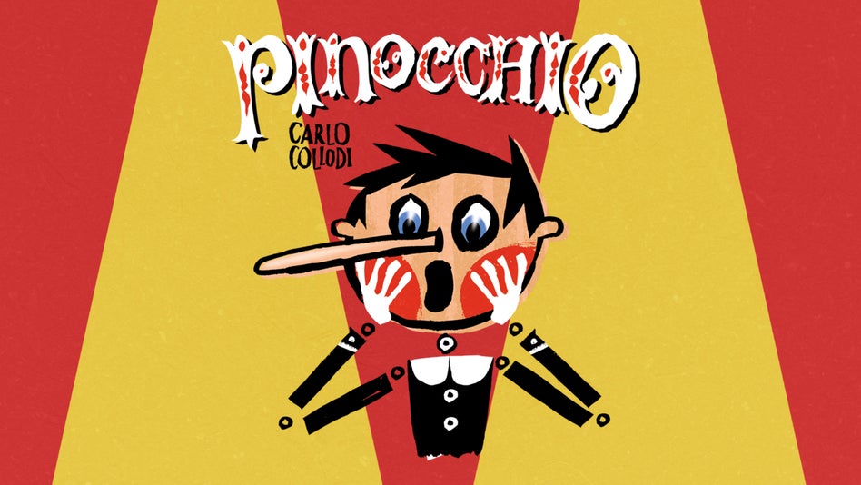 A graphic illustration of a Pinocchio with a long noise on a bright red and yellow striped background.