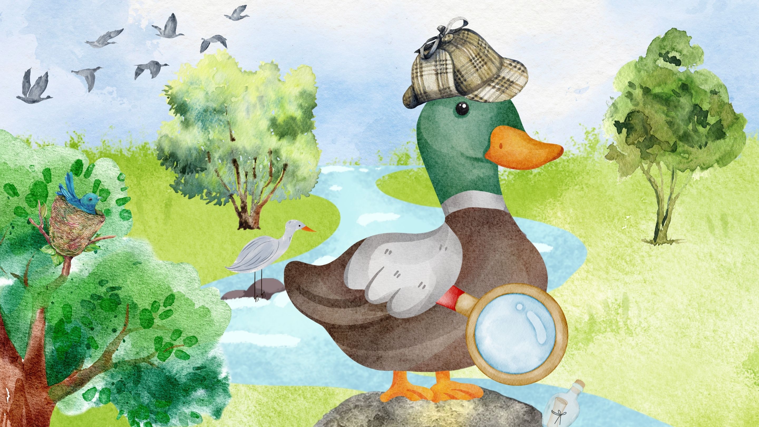 A graphic of a duck wearing a deer stalker hat and holding a magnifying glass. The background in an outdoor setting with trees and river.