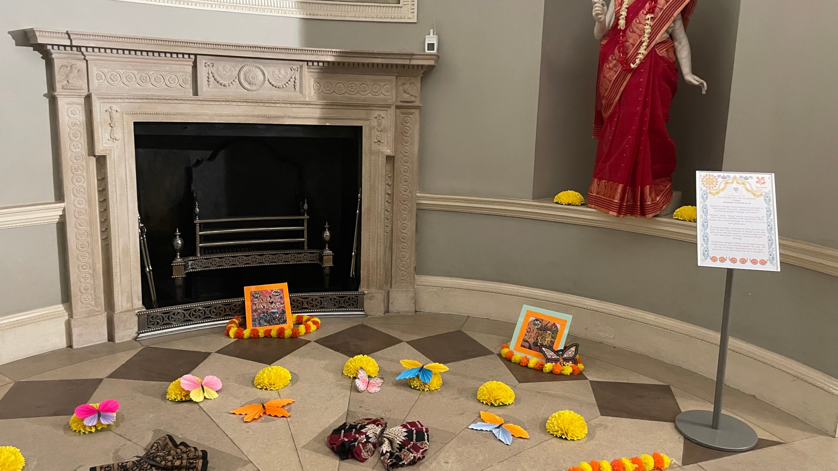Diwali display with a fireplace in the background at Marigold Festival 2025 at Osterley, London