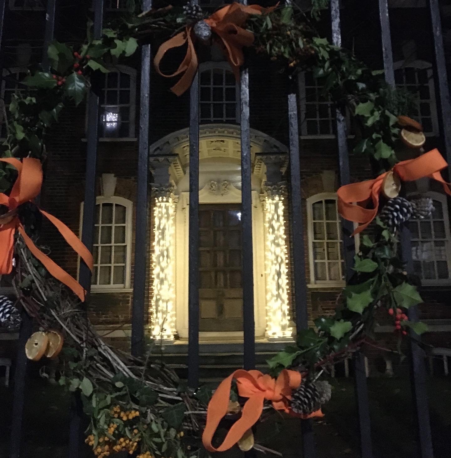 Rainham Hall front gate and door decorated with Christmas Lights