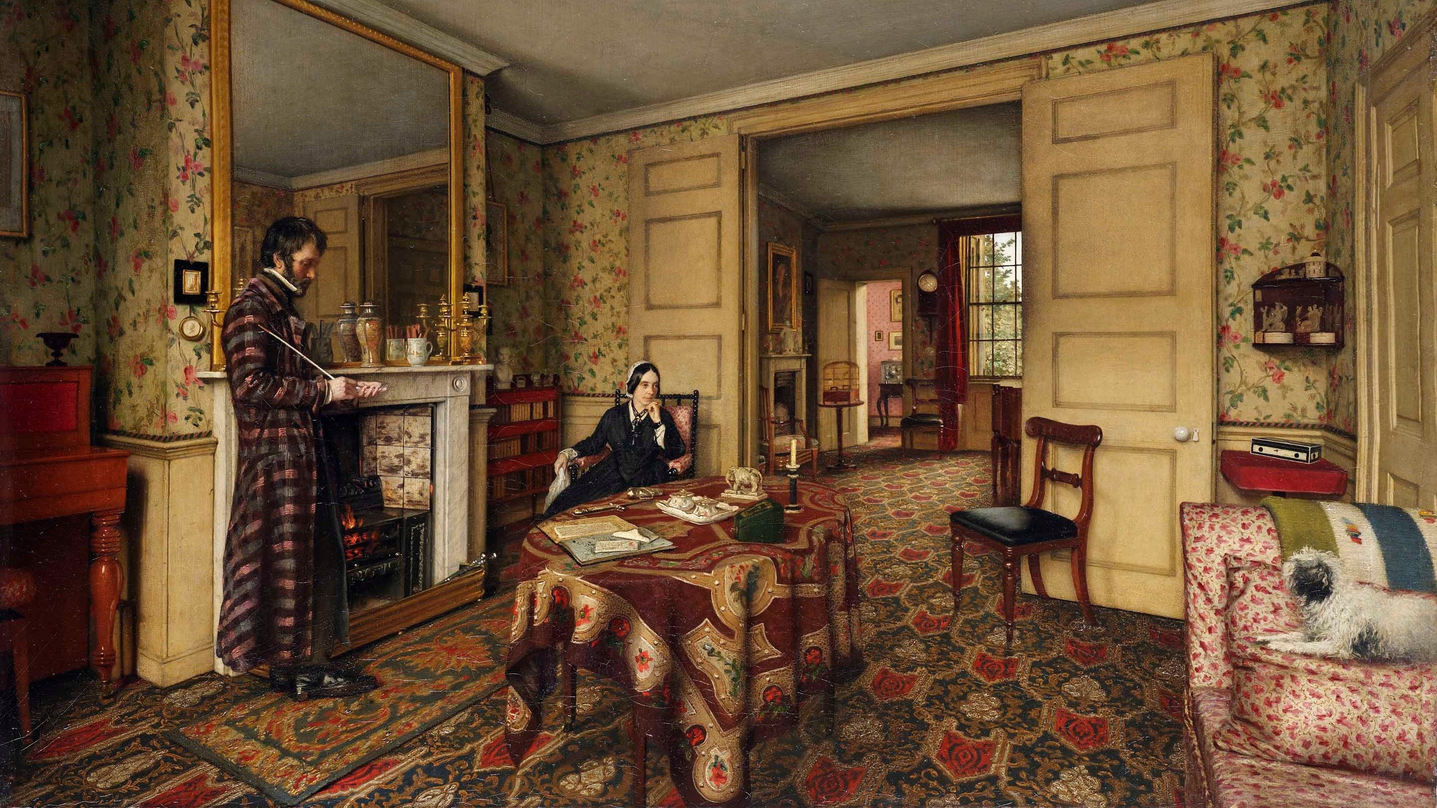 A painting from c1900 depicting a typical late Victorian interior of a parlour or front room with highly decorated carpet, wallpaper and furnishings