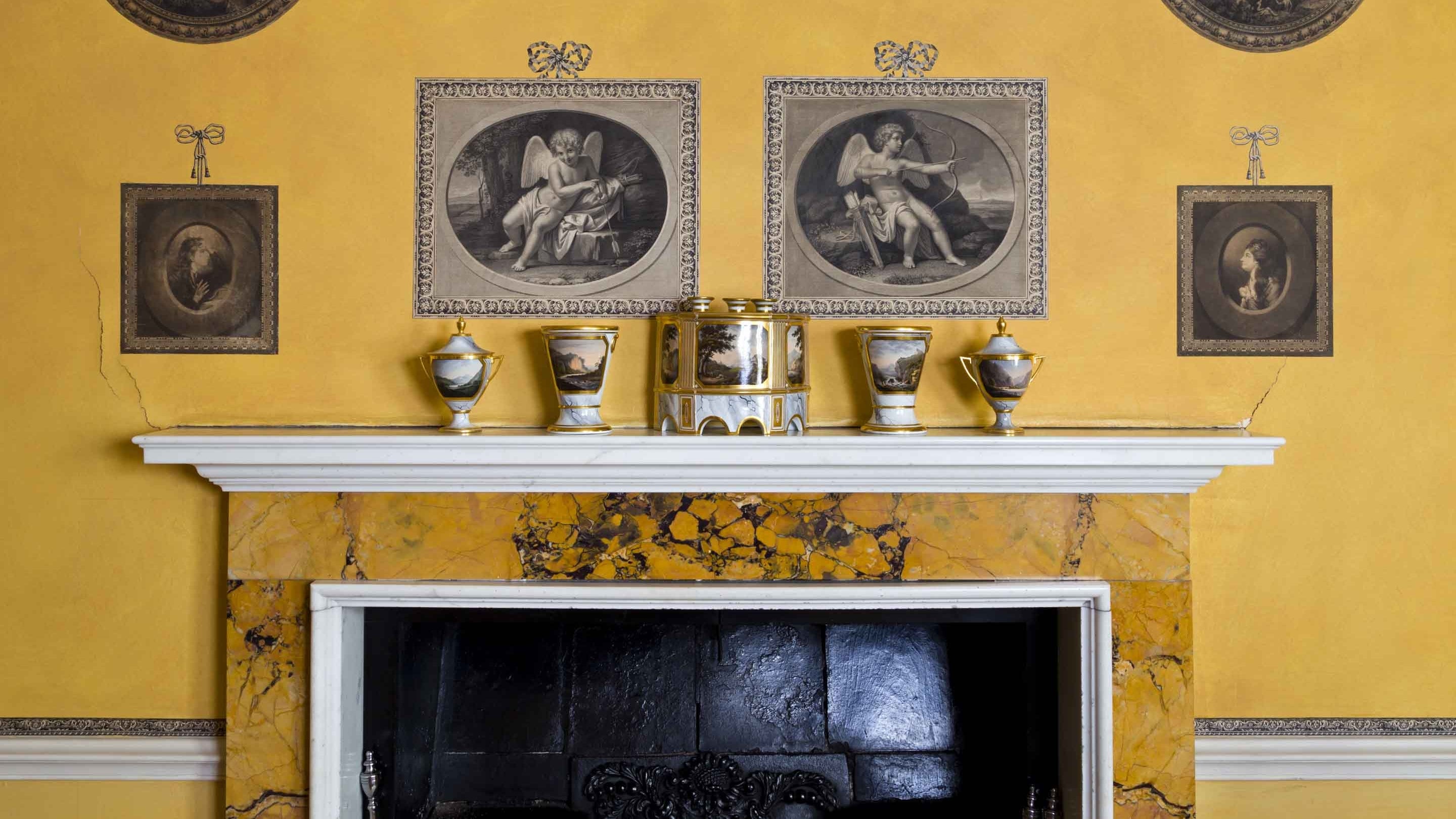 Barr, Flight and Barr flower garniture above fireplace in the Print Room at Blickling Estate, Norfolk