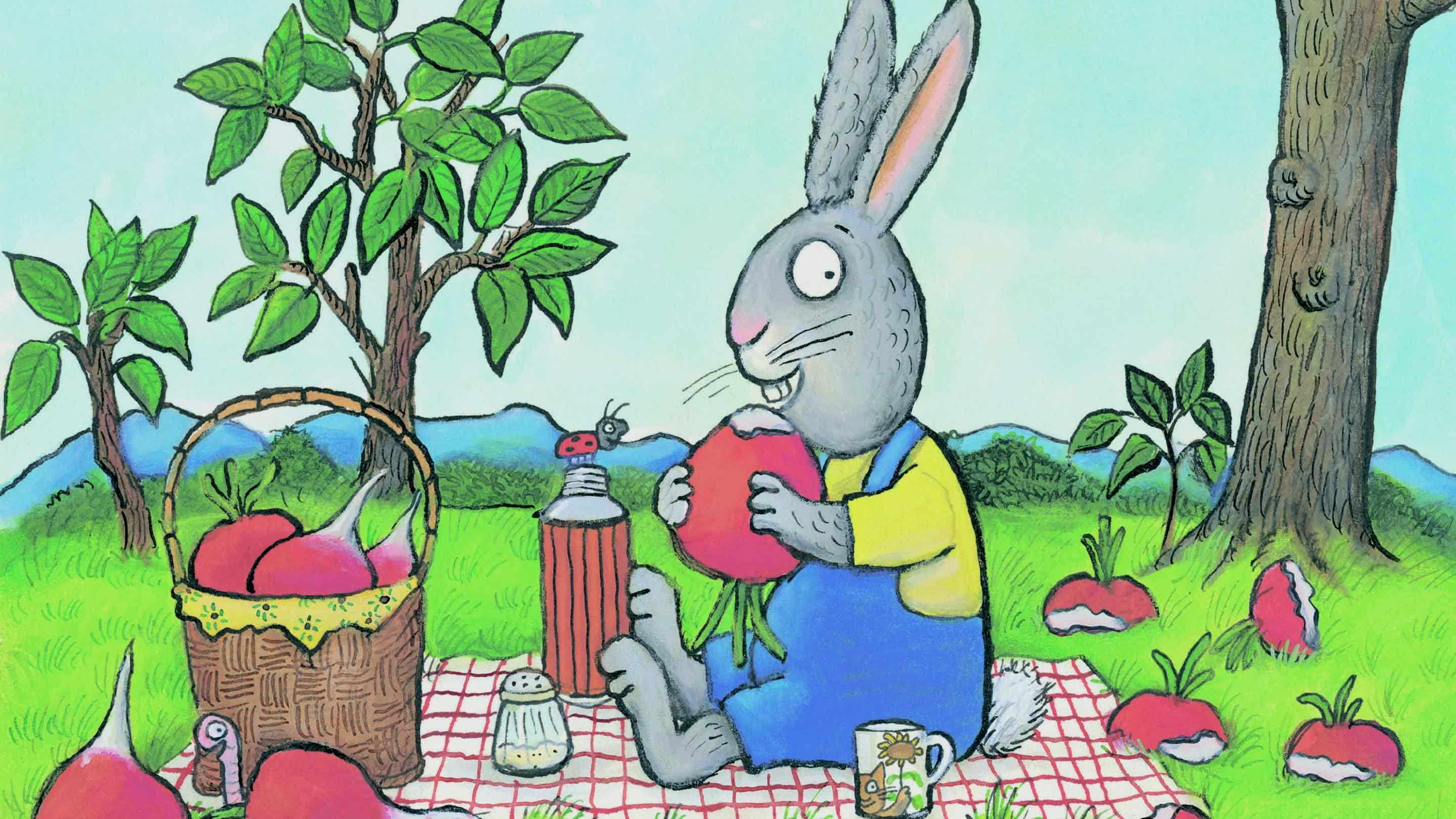 Ruby the rabbit eating a radish illustrated by Axel Scheffler
