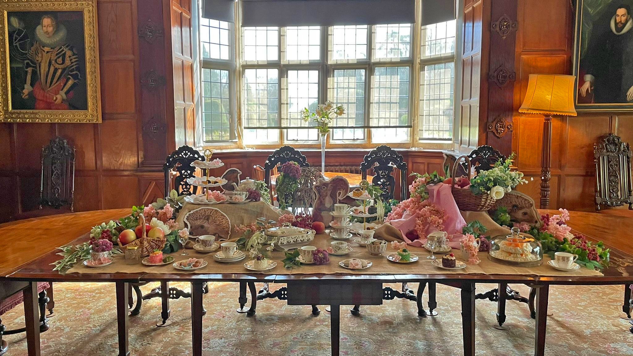 The dining room table dressed for an animal Easter tea party at Blickling Estate, Norfolk