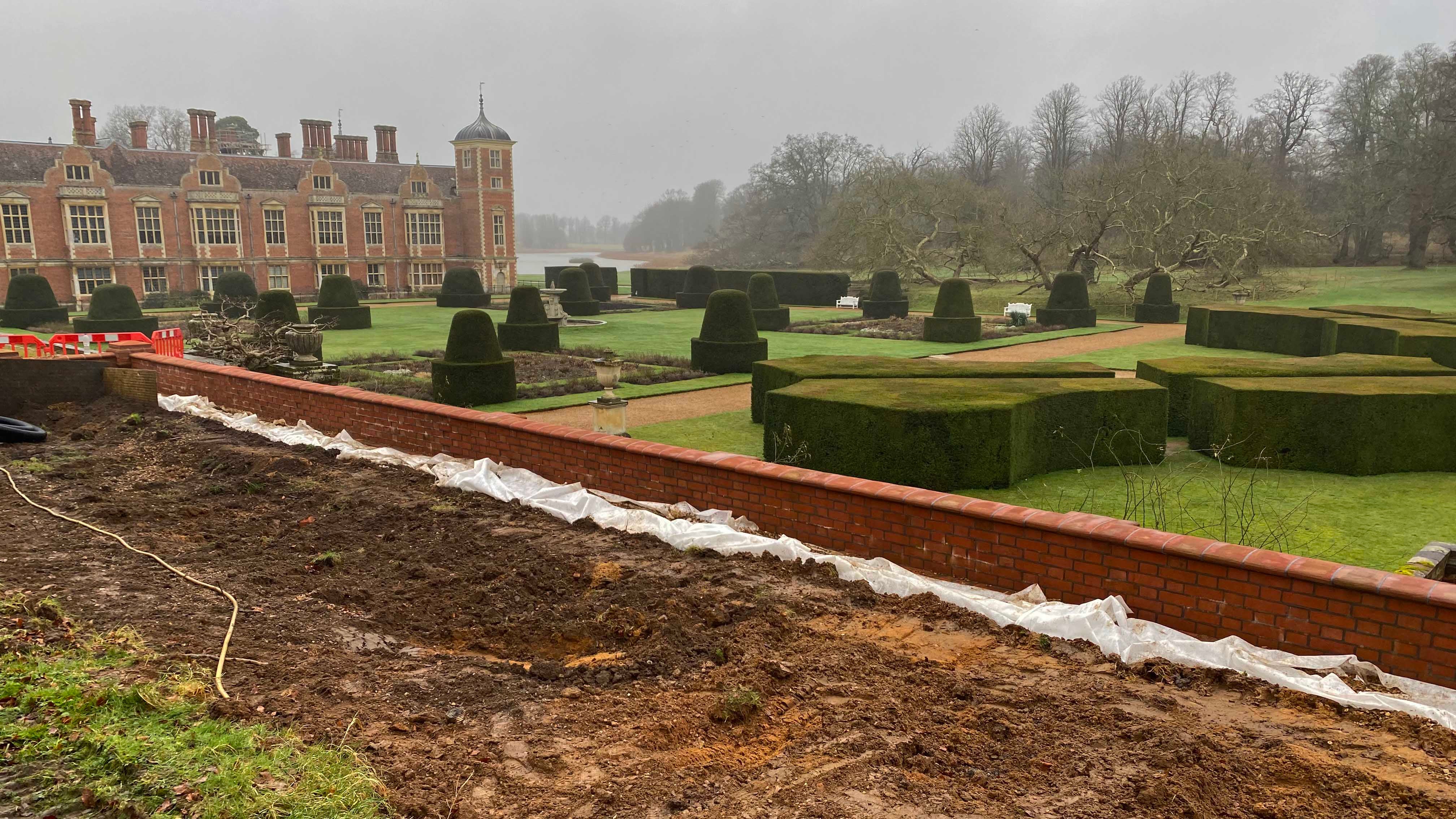 The East Terrace wall repairs and view over the Parterre at Blickling Estate, Norfolk. National Trust Images Kezia Everson.