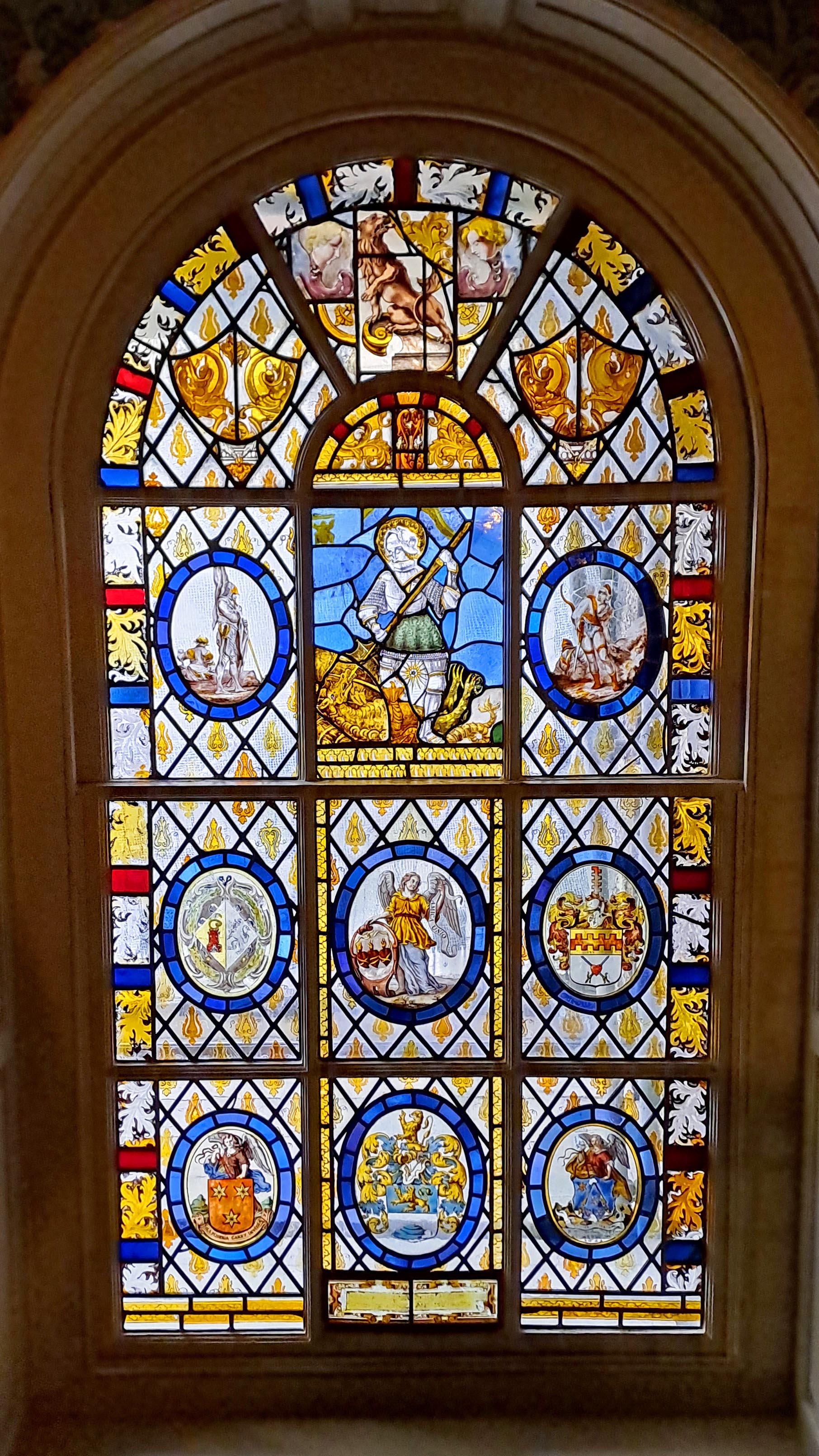 The stained glass window at the Elizabethan House window after conservation