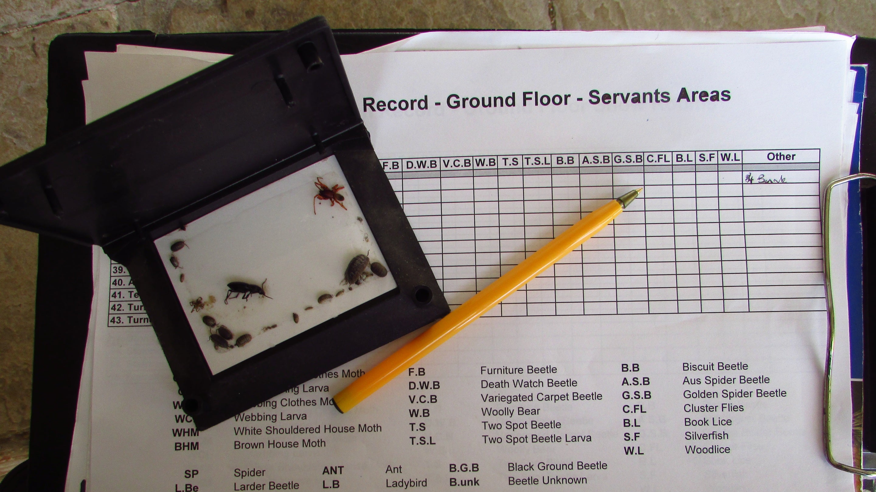 A form for recording pests along with a pest trap at Felbrigg Hall, Norfolk