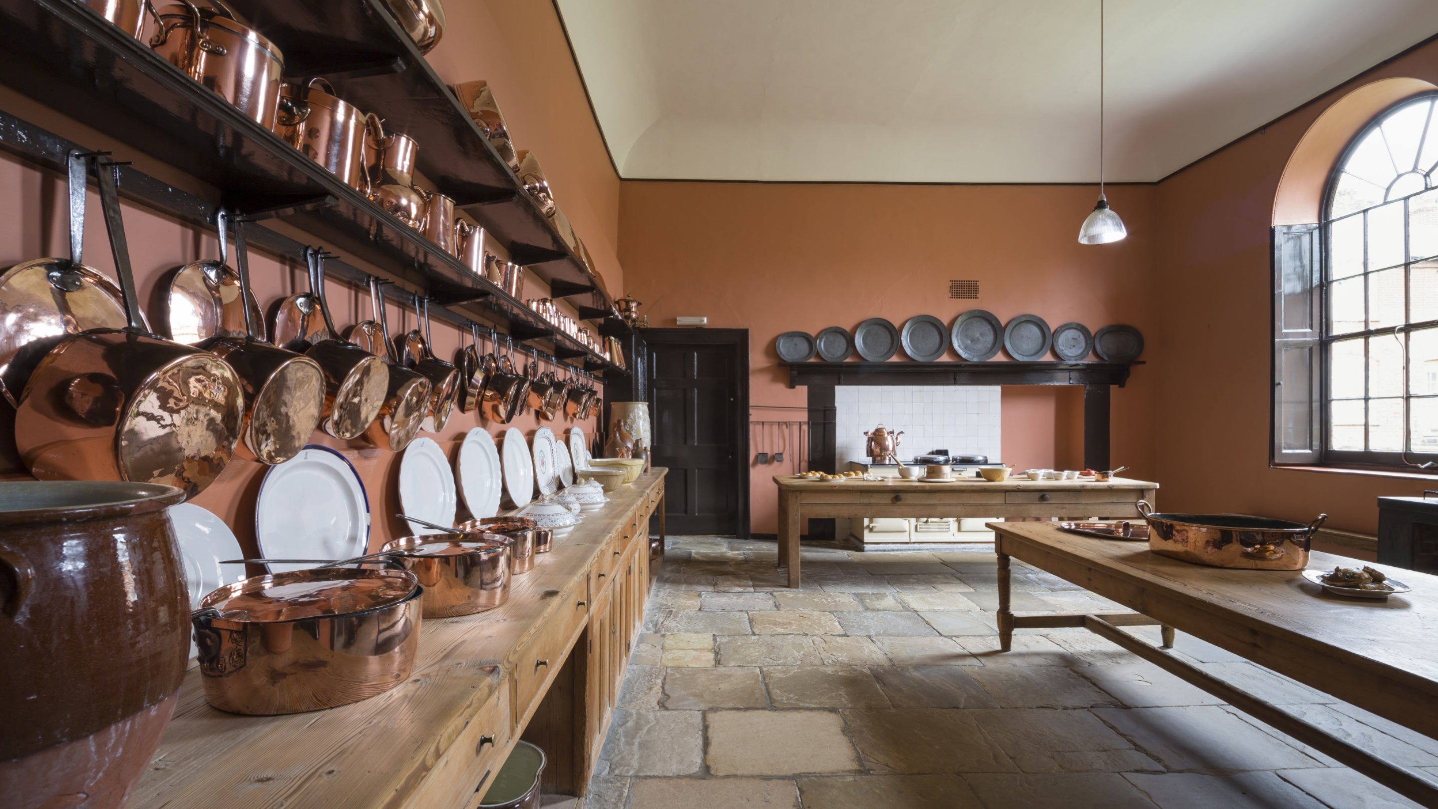 Copperware in the kitchen at Felbrigg Hall, Norfolk