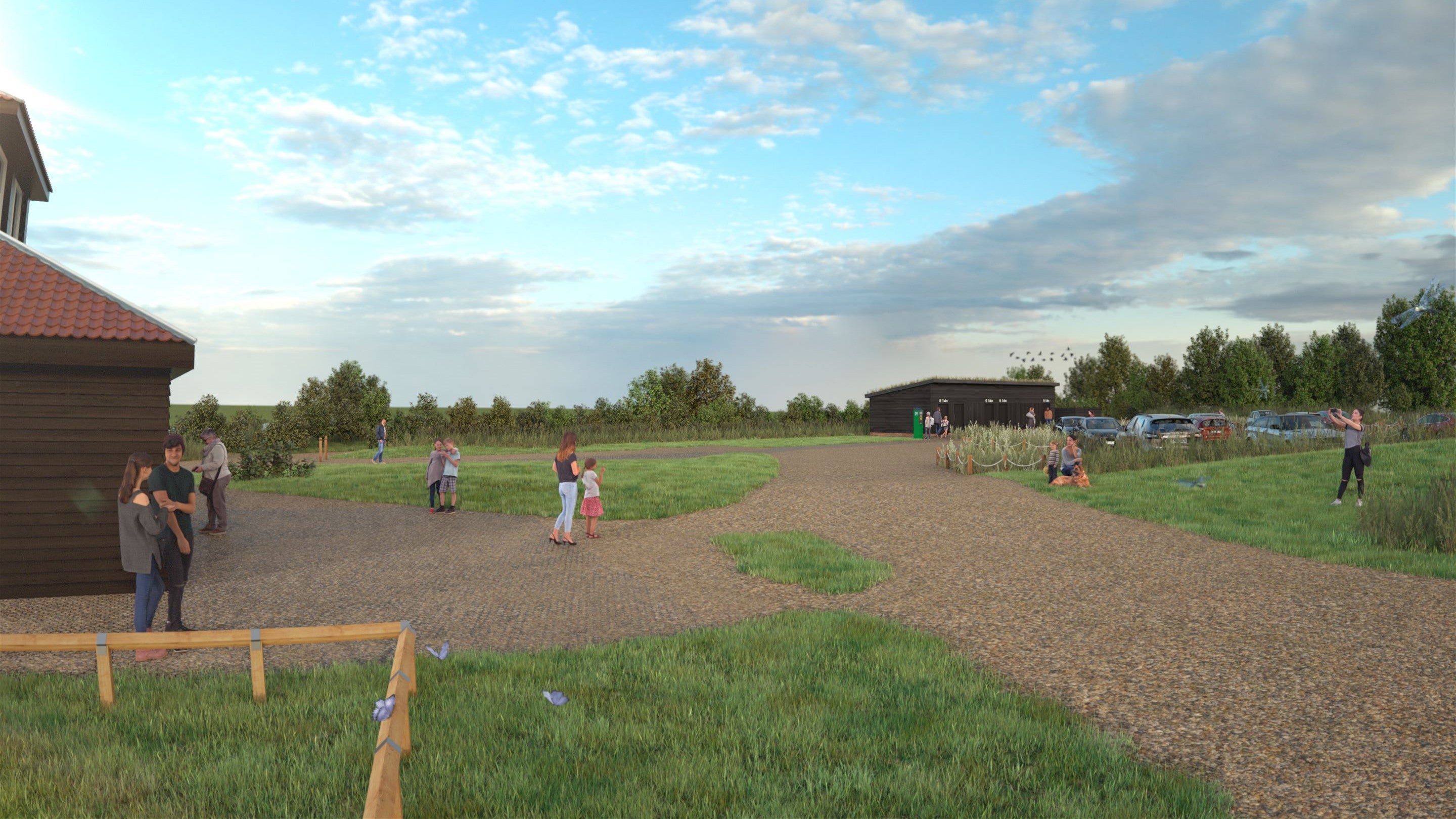 Computer generated image showing how the black timber clad building would look from the corner of the Lookout Building, with visitors and the coast path in the foreground and beyond them the car park.