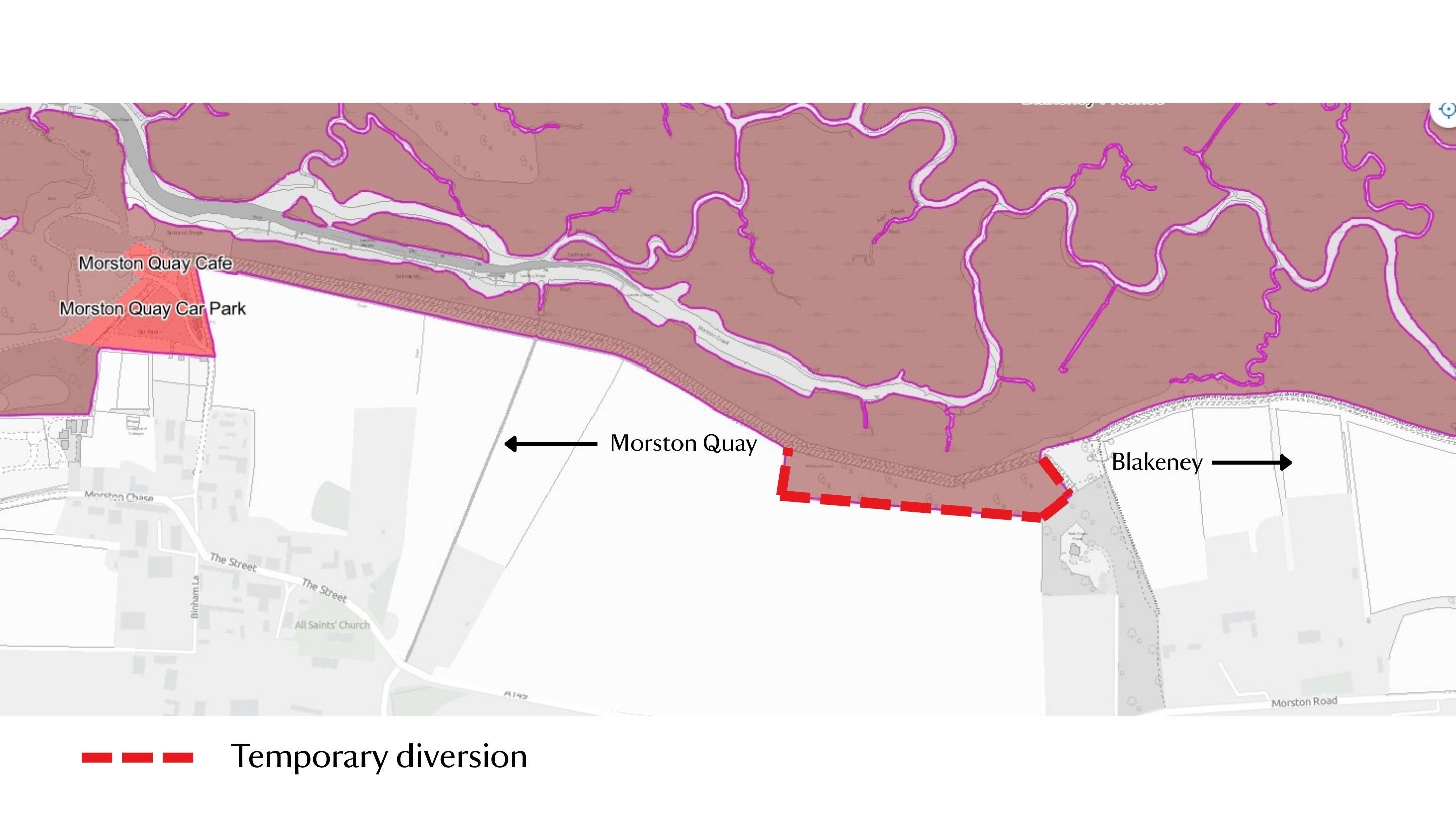 Map showing the temporary diversion along the Norfolk Coast Path, between Morston Quay and Blakeney.
