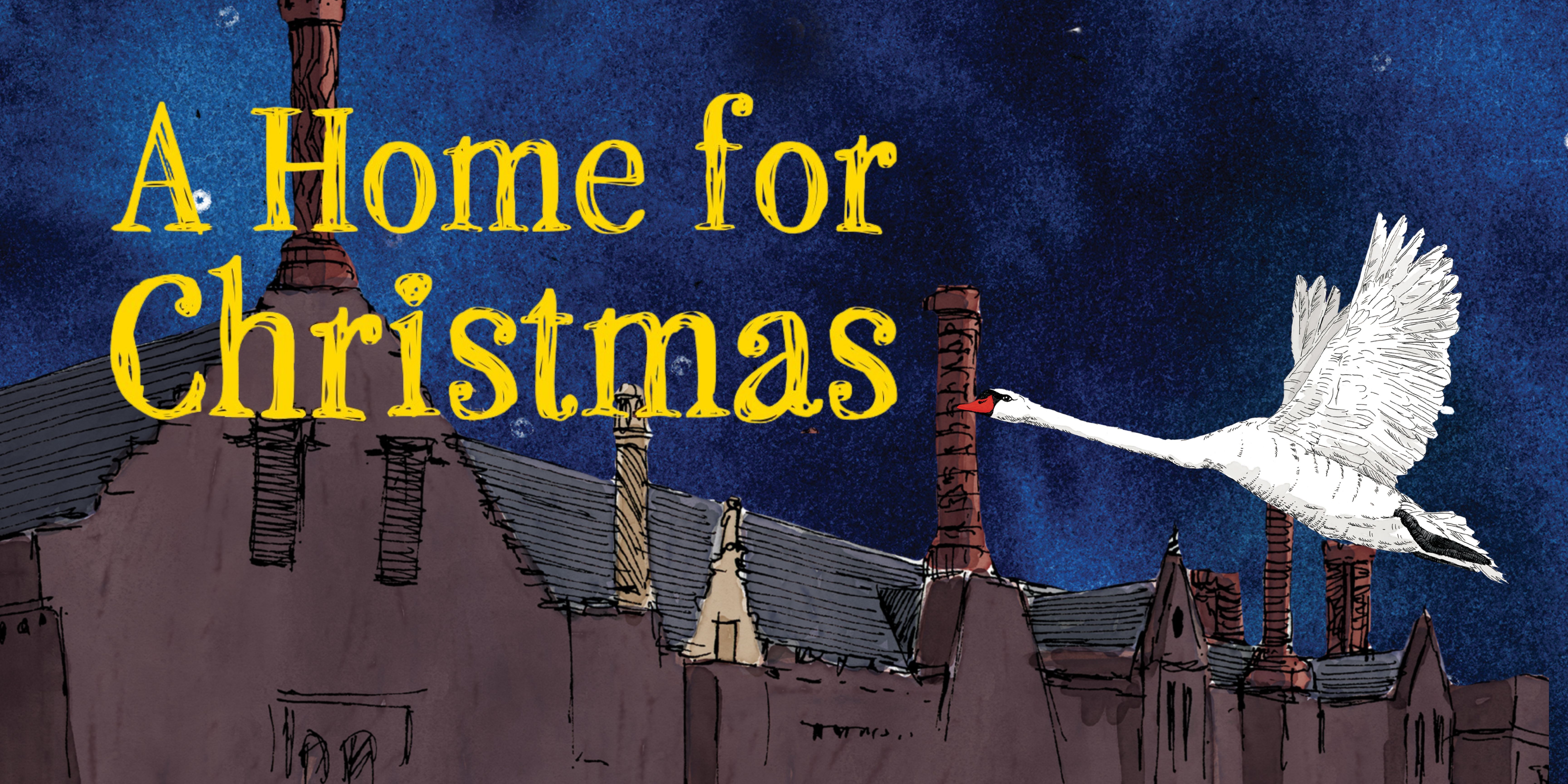 An illustration of the Oxburgh rooftops set against an ink blue snow filled sky, with Sybil Swan flying overhead.