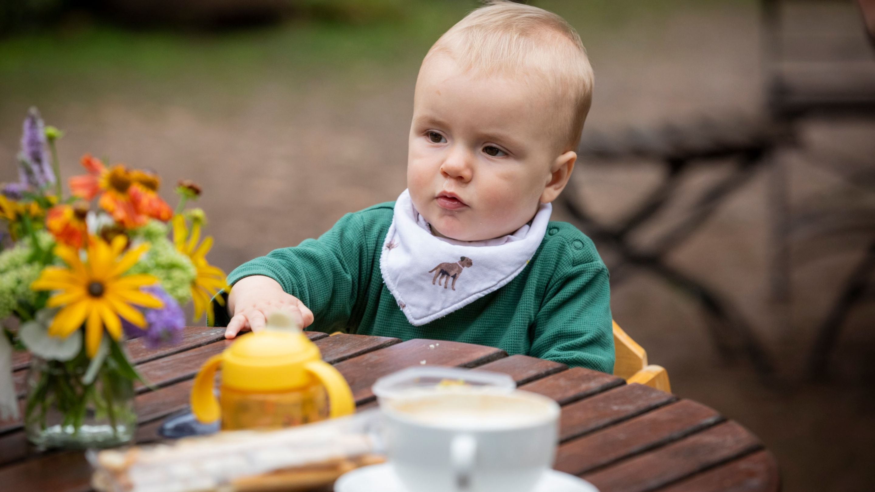 Baby sat in a highchair outside a Courtyard Café