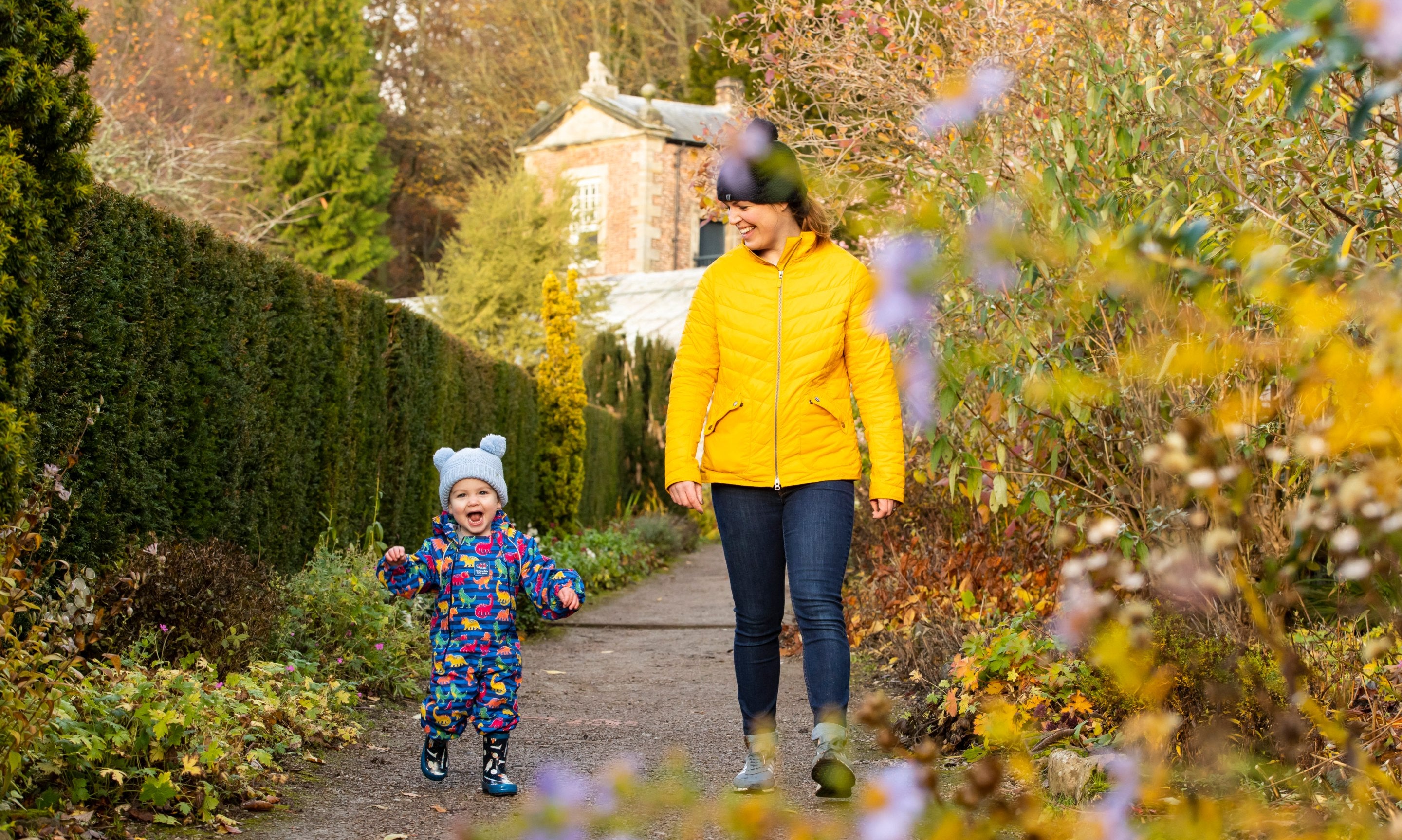 Family visitors in the garden in autumn at Wallington, Northumberland