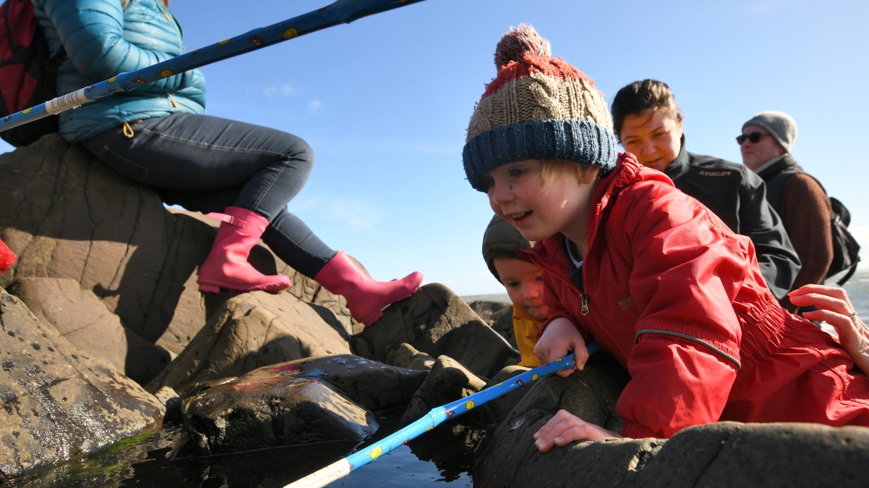 Rockpooling on the beach at Lindisfarne Castle, Northumberland