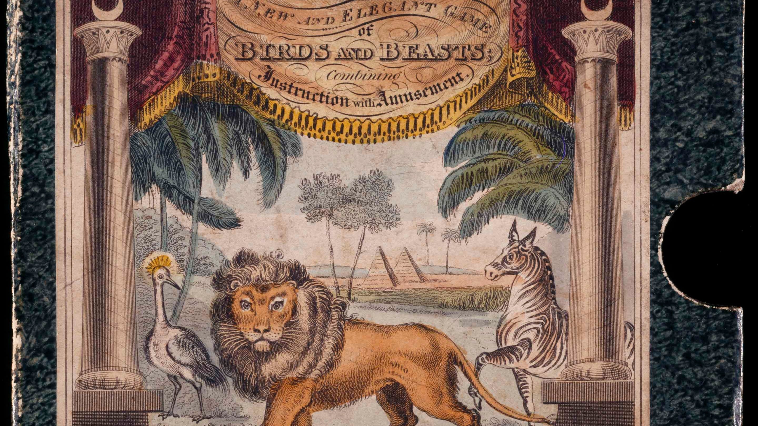 Coloured illustration on a box lid for the 'New and Elegant Game of Birds and Beasts' designed by Thomas Bewick with a lion & zebra by a river, with palm trees and two pyramids.