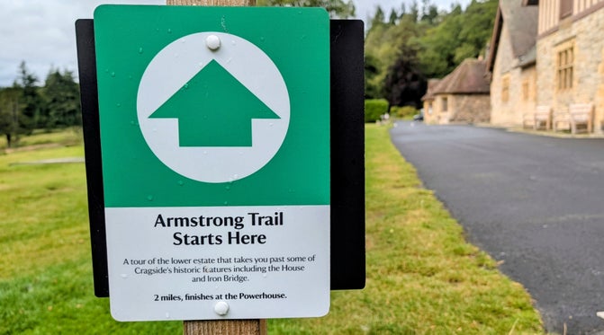 A rectangular starter waymarker for the Armstrong trail at Cragside.