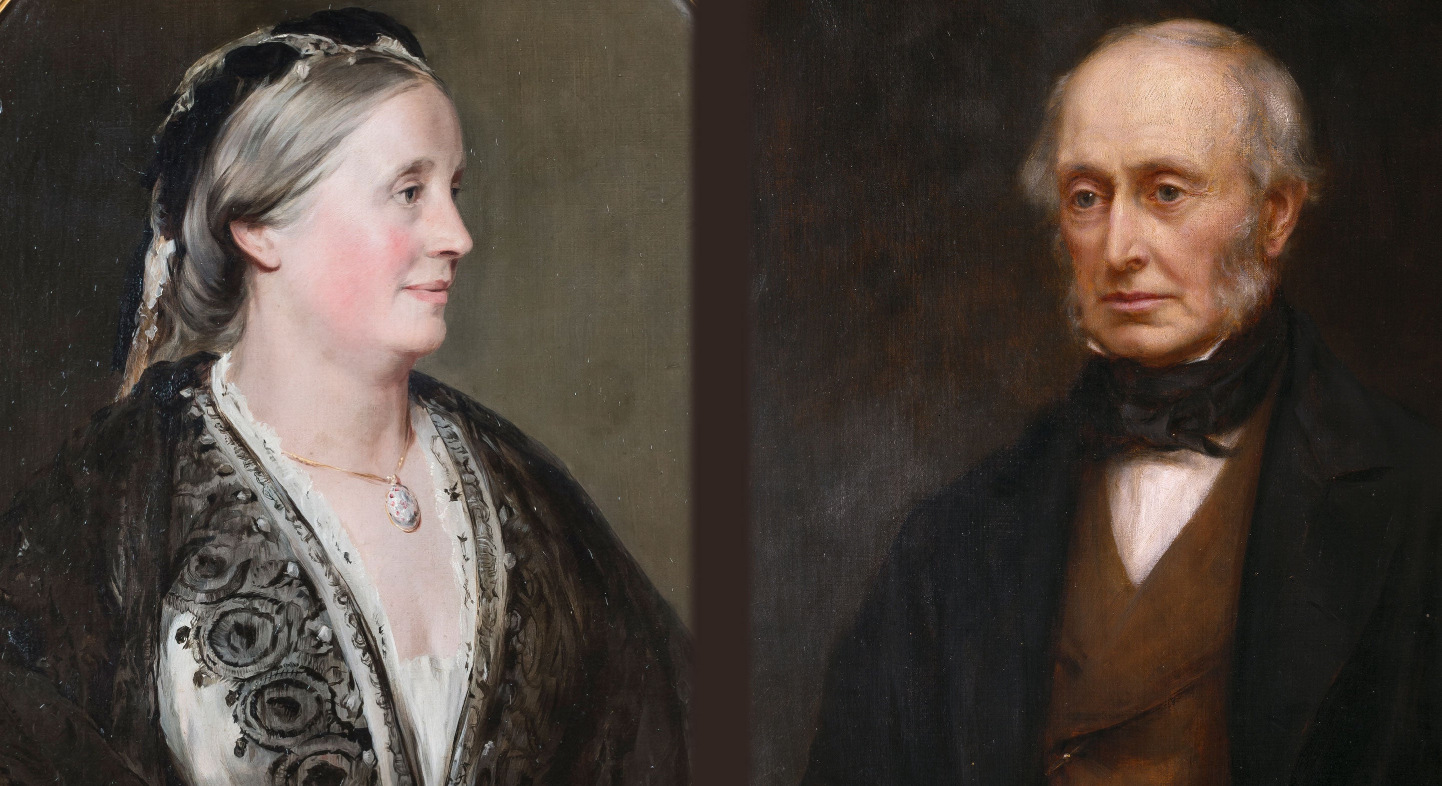 Detail of oil painting on canvas (oval), Margaret Ramshaw, Lady Armstrong (1807-1893), by John Callcott Horsley, RA (London 1817-Cranbrook 1903), alongside 1st Lord Armstrong of Cragside by Mary Lemon Waller (1871-1916) signed and dated 1898 at Cragside, Northumberland
