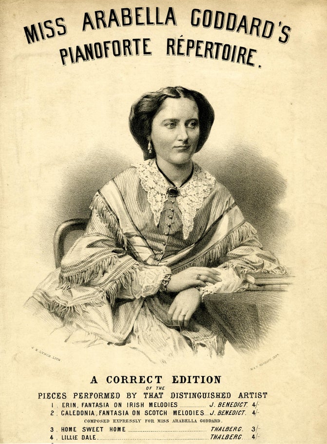 A concert poster featuring a sketch of Arabella Goddard in Victorian dress with lace collar and puffed sleeves.