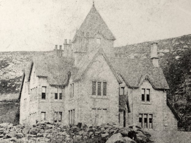 A black and white photograph of Cragside House before extensions began in 1863