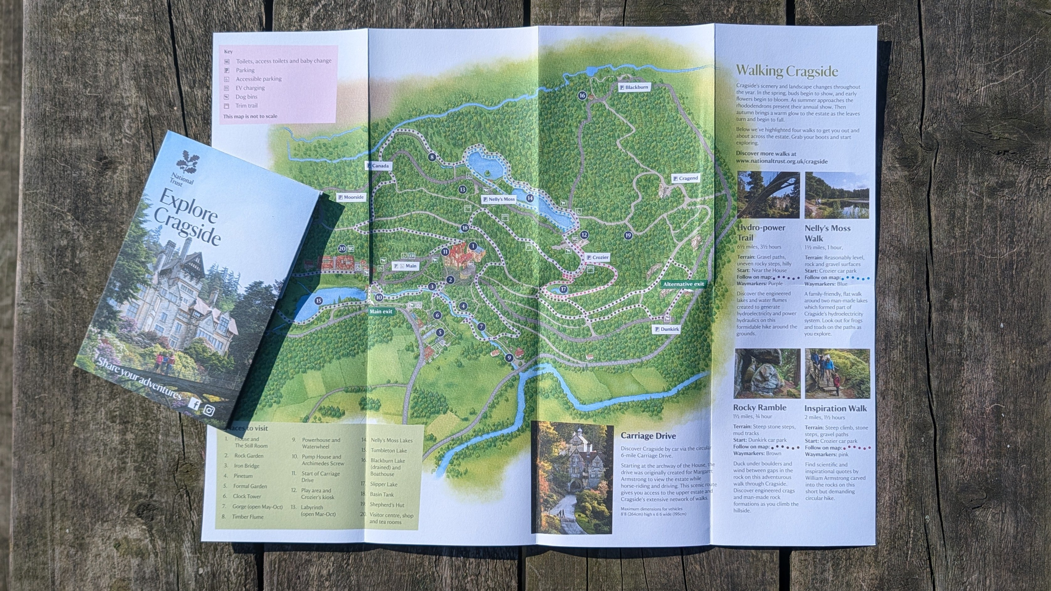 The Explore Cragside leaflet, unfolded to show the map illustration inside.