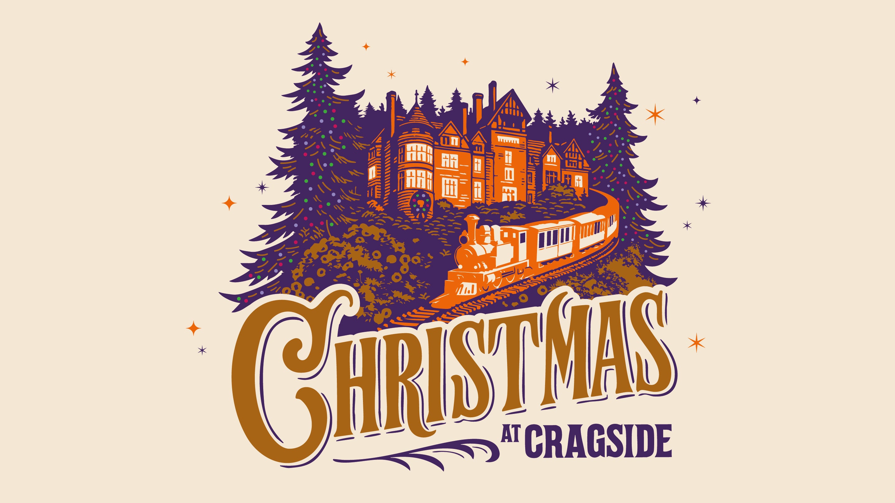A graphic representation of Cragside House surrounded by trees festooned in multi-coloured lights. A Victorian steam train swoops in front of the House. Words read Christmas at Cragside underneath.