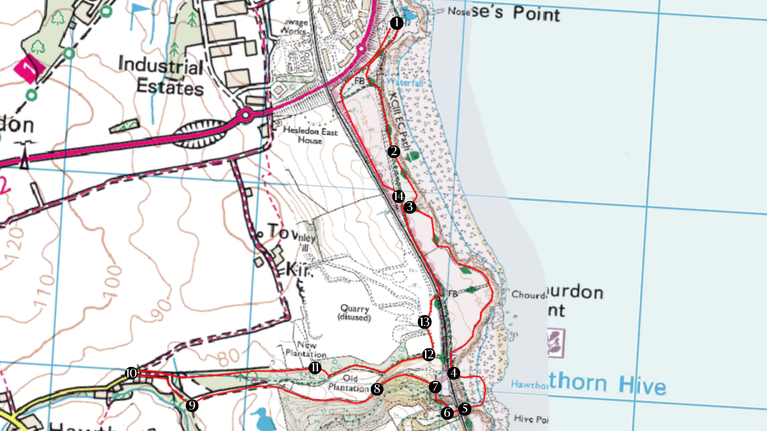 OS map showing a route from Nose's Point to Hawthorn Dene and back