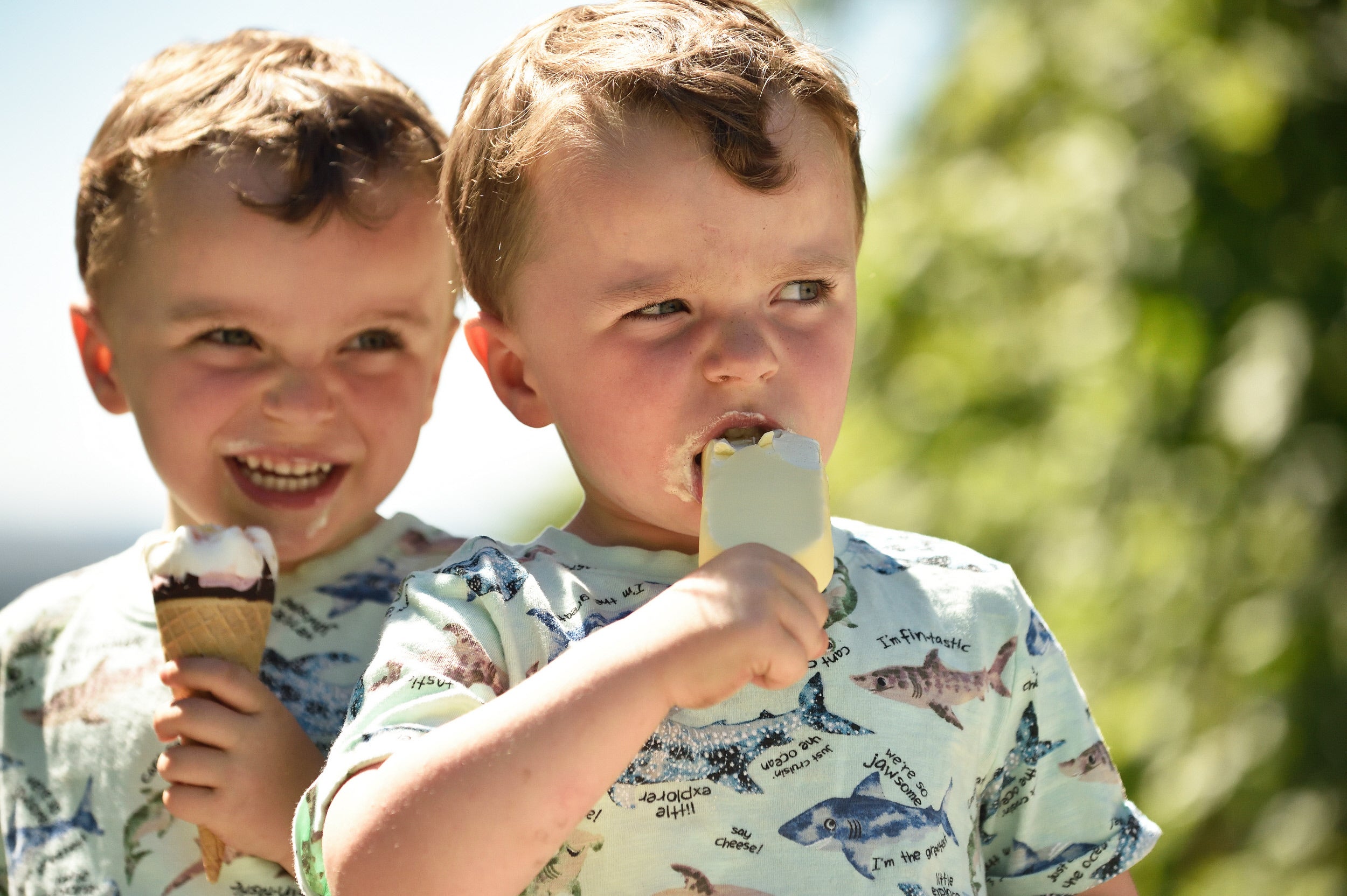 Close up of two young boys eating ice creams.