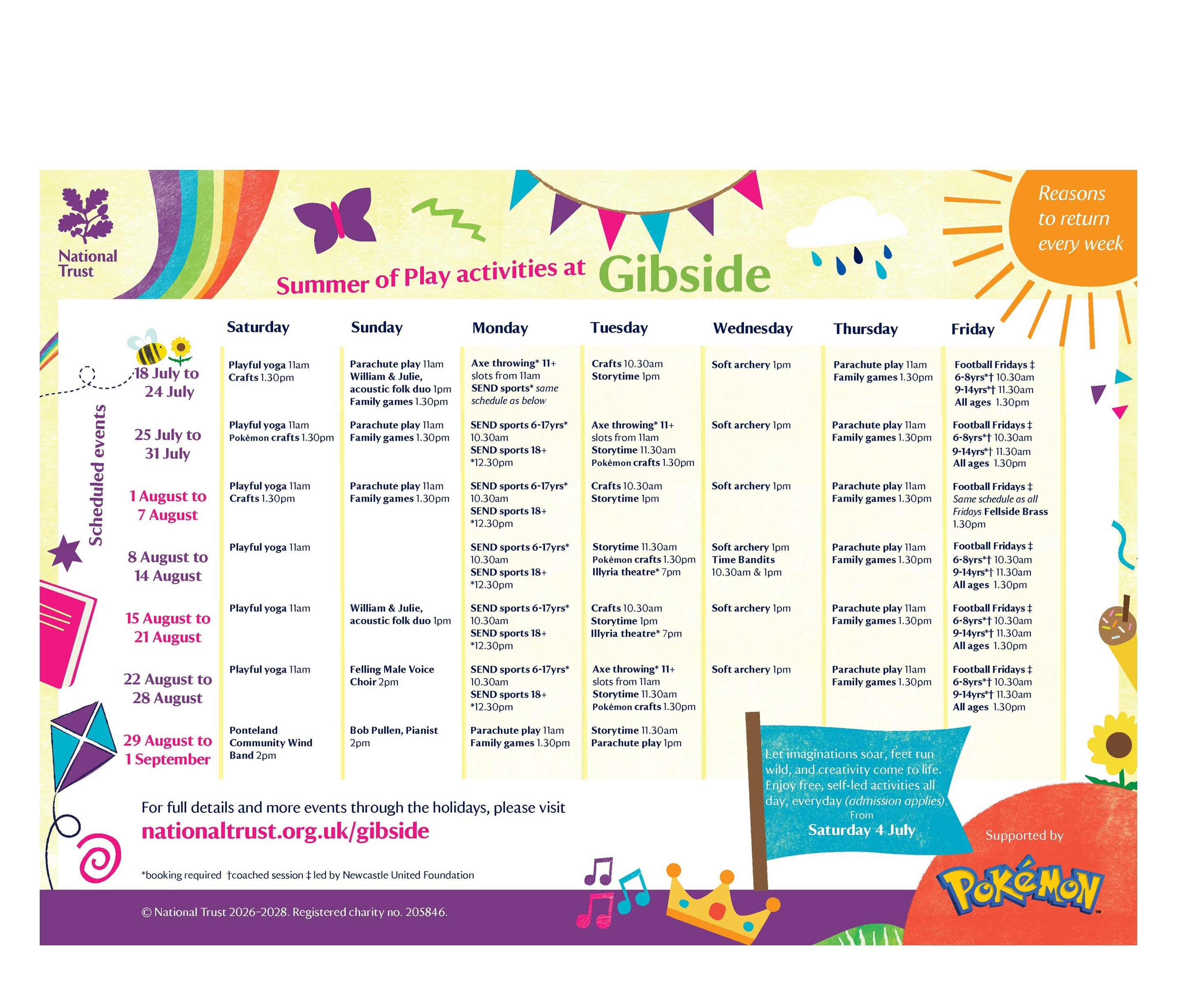 A schedule of events for Gibside Summer of Play 2026