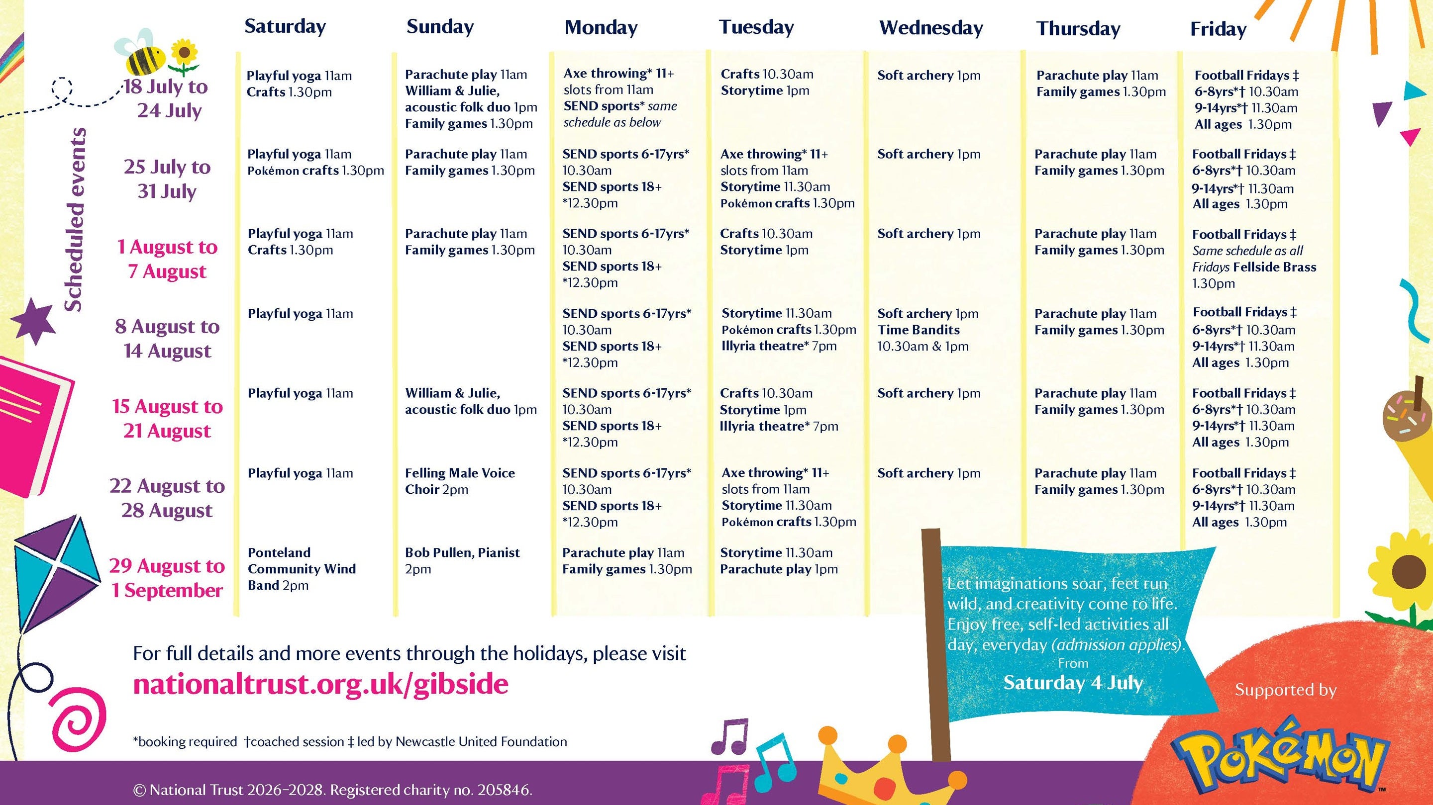 A weekly planner of scheduled events for Summer of Play 2026