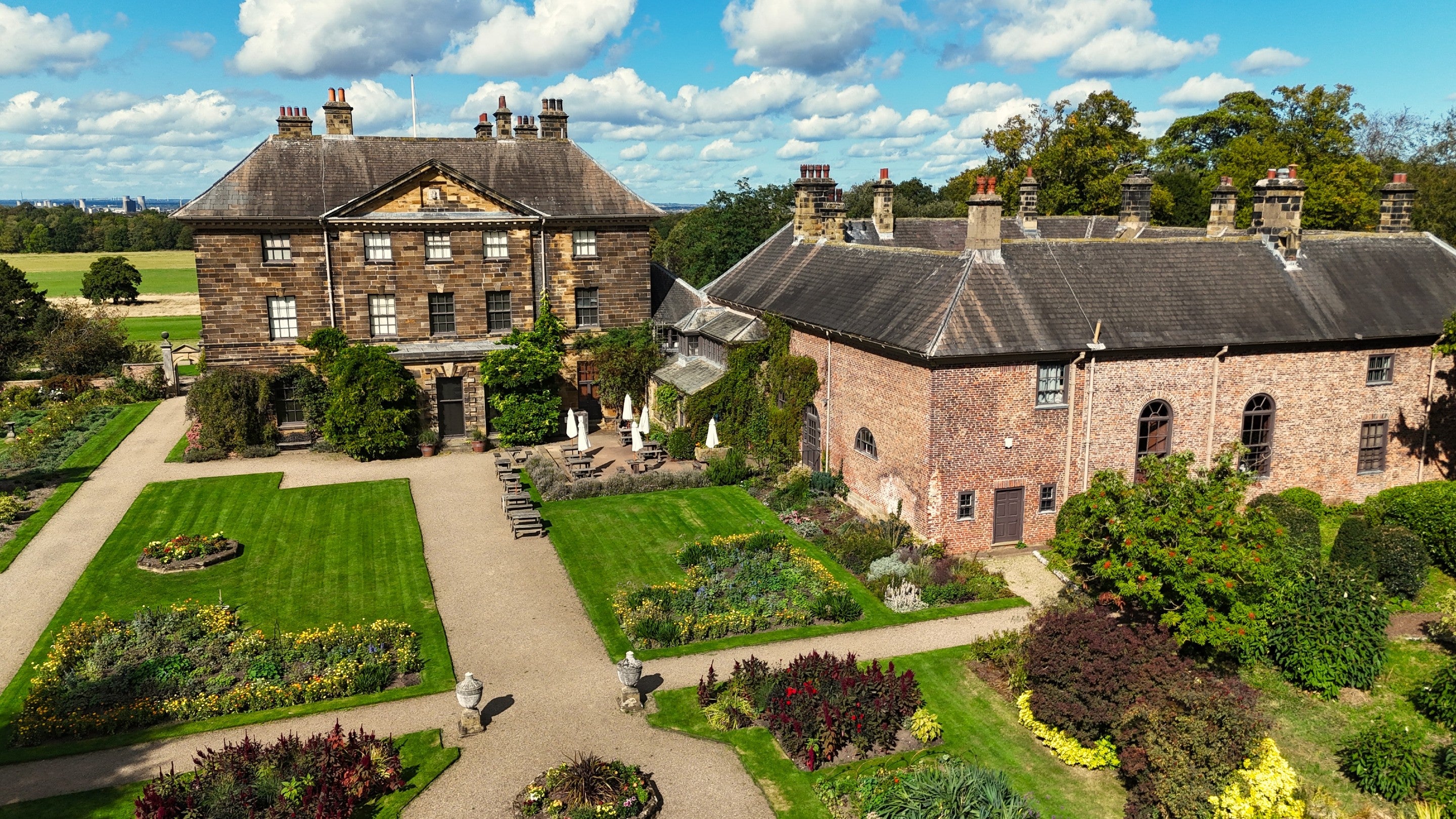 Aerial photo of the garden in autumn sunshine