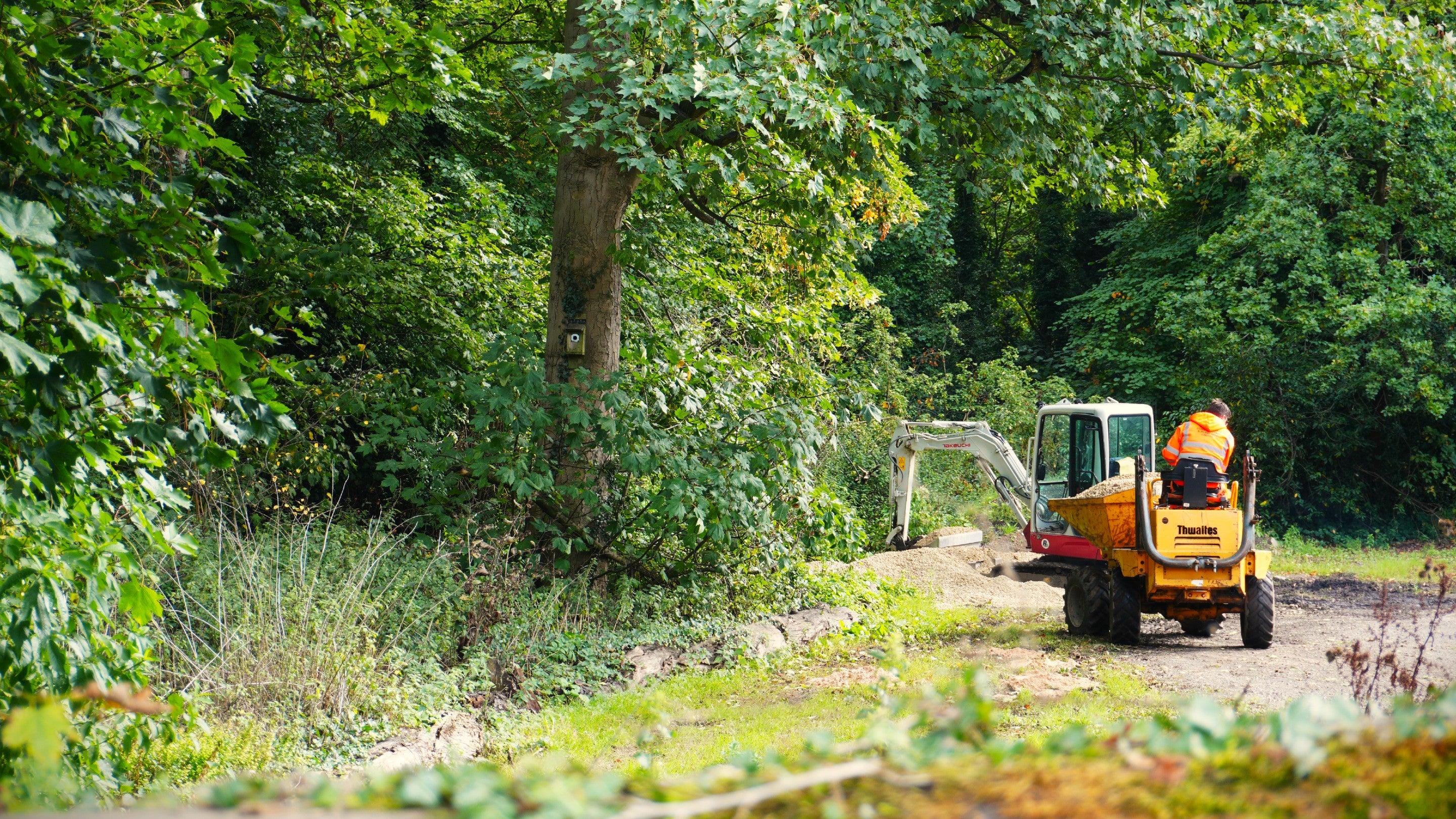 Front loader filled with gravel being driven in front of woodland