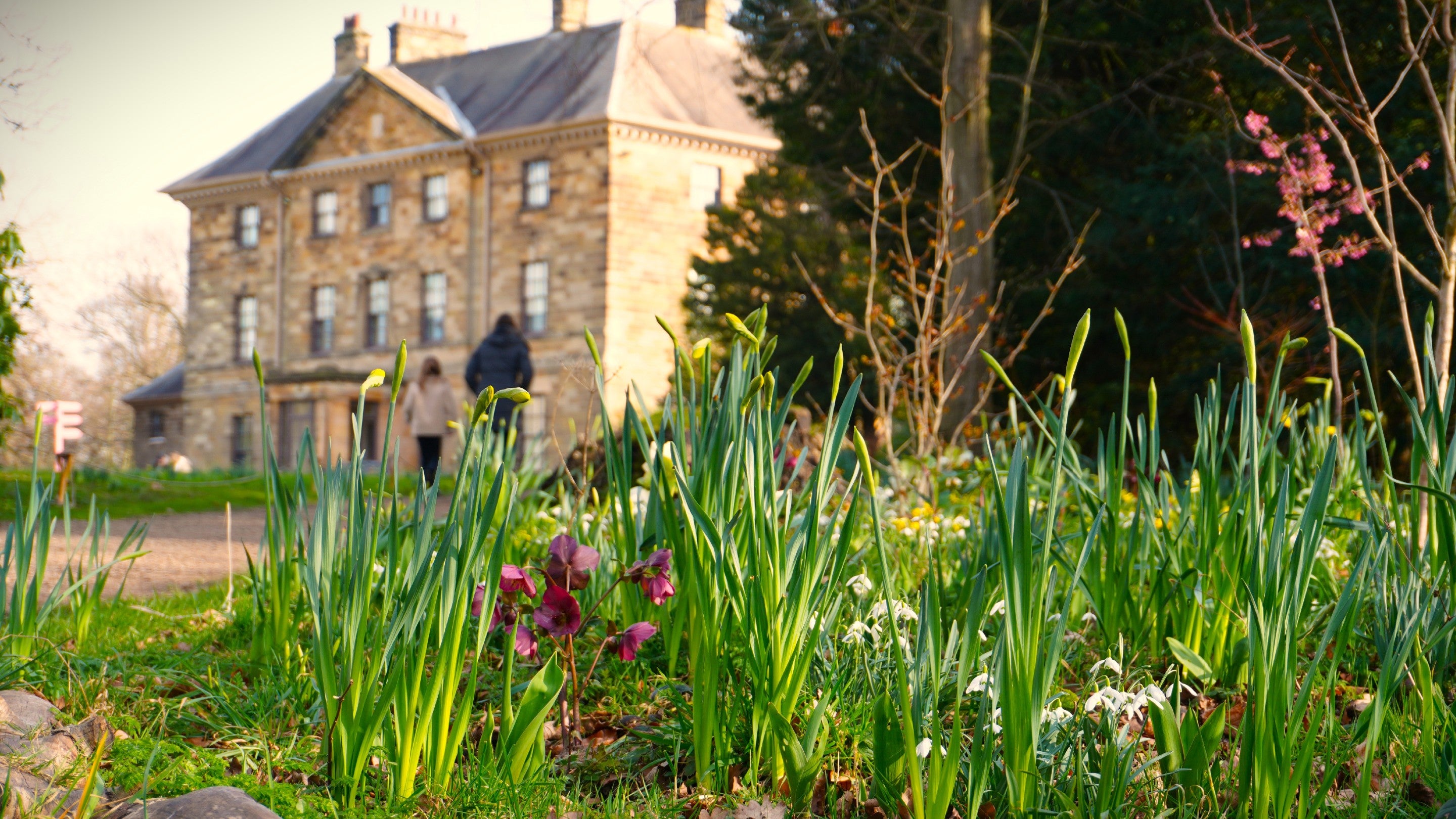Mother and child walking up the main visitor path to house in late winter