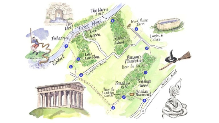 An illustrated map of the Penshaw Monument Lambton Worm walk route