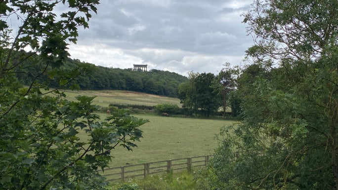 A view between leafy branches, across grass fields which rise towards a woodland where the columns of Penshaw Monument are silhouetted against a bright but cloudy sky above the treeline