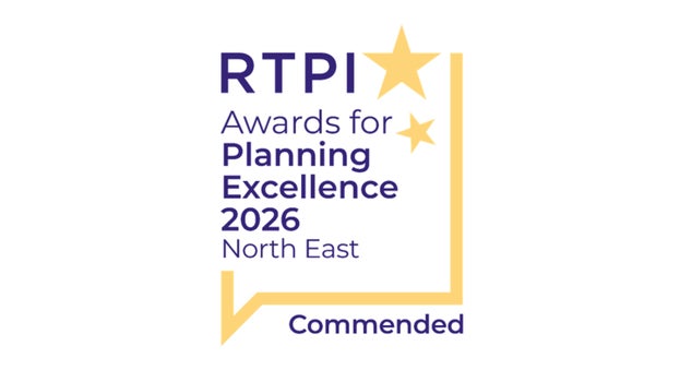 A logo with gold stars and blue text reading RTPI Awards for Planning Excellence 2026 North East Commended
