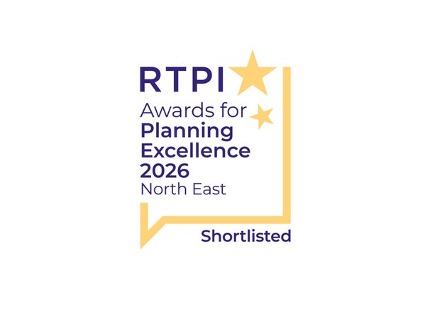 A logo with gold stars and blue text reading RTPI Awards for Planning Excellence 2026 North East Shortlisted