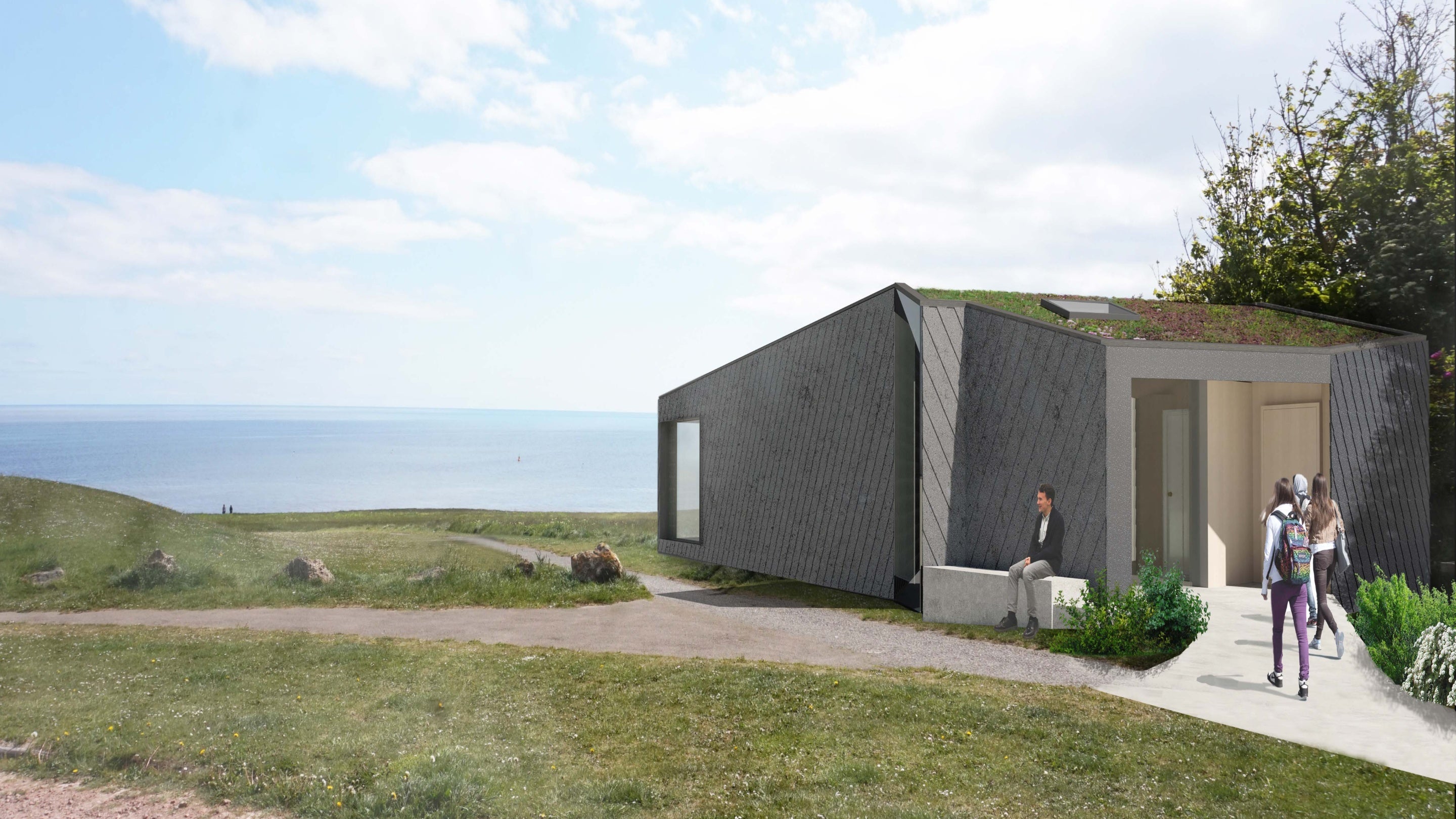 An artist's impression of the new Whitburn Coastal Conservation centre at Souter Lighthouse, showing a small modern building with a living roof.