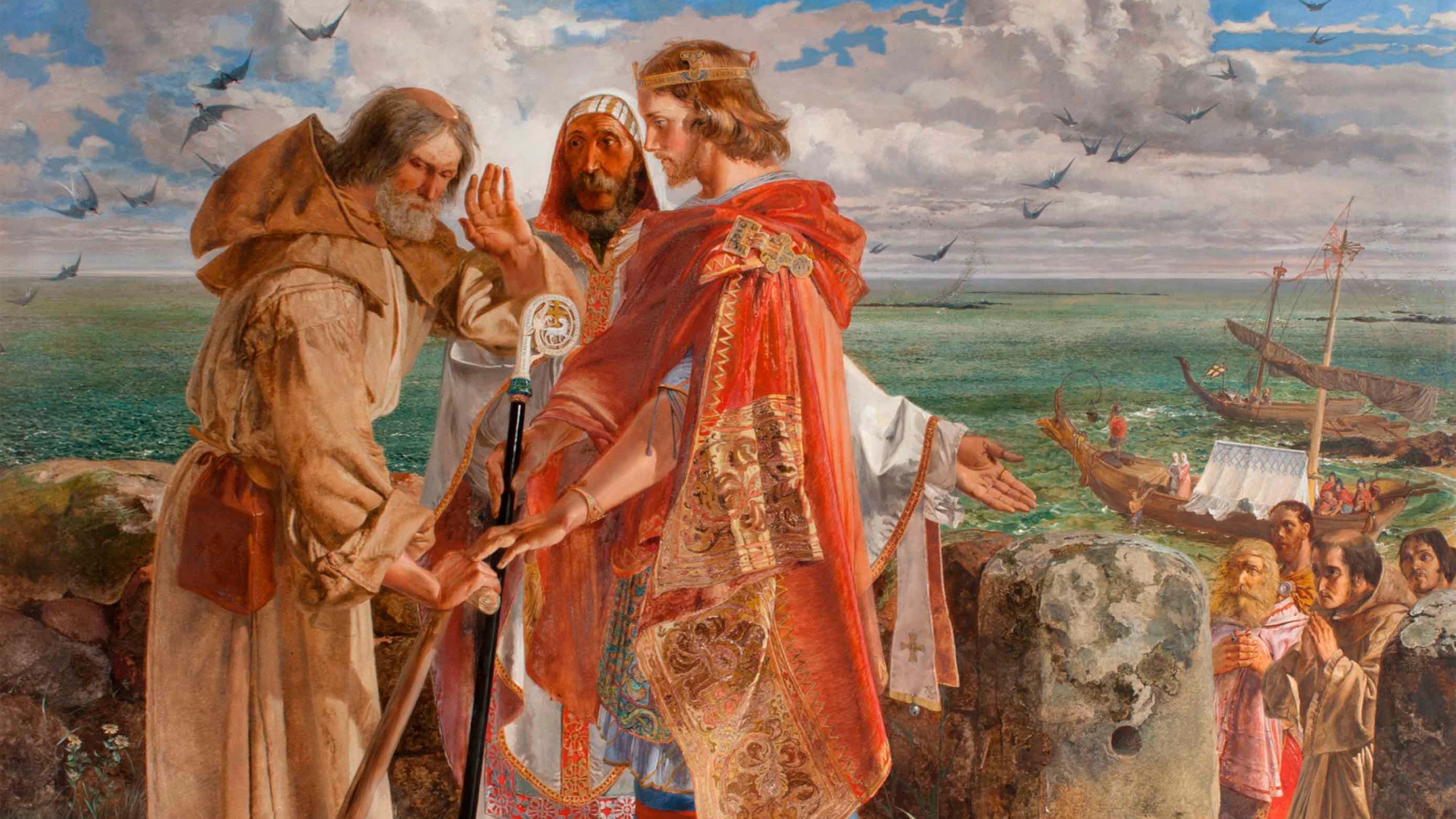 King Egfrid and Bishop Trumwine persuade Cuthbert to be made Bishop (One of a series of eight oil paintings illustrating the history of the English Border) by William Bell Scott
